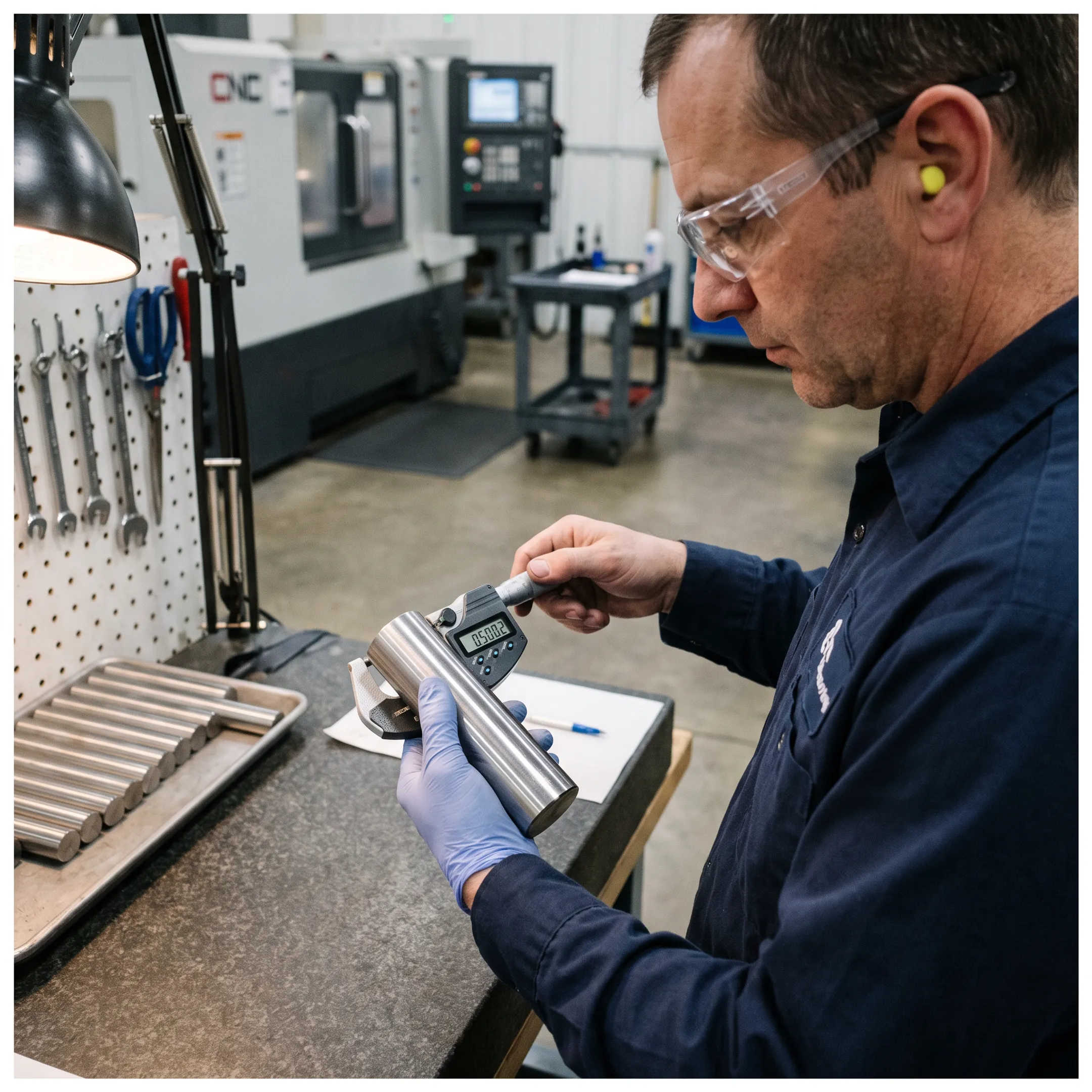 Technician inspecting a precision ground metal component