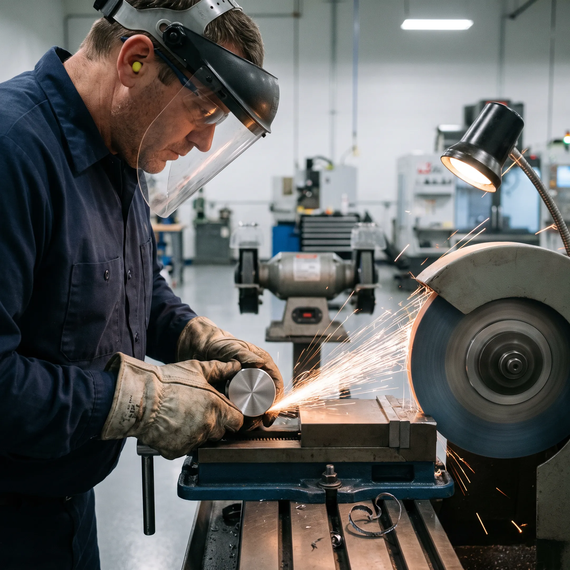 Precision machined tooling component being ground and polished in an industrial workshop