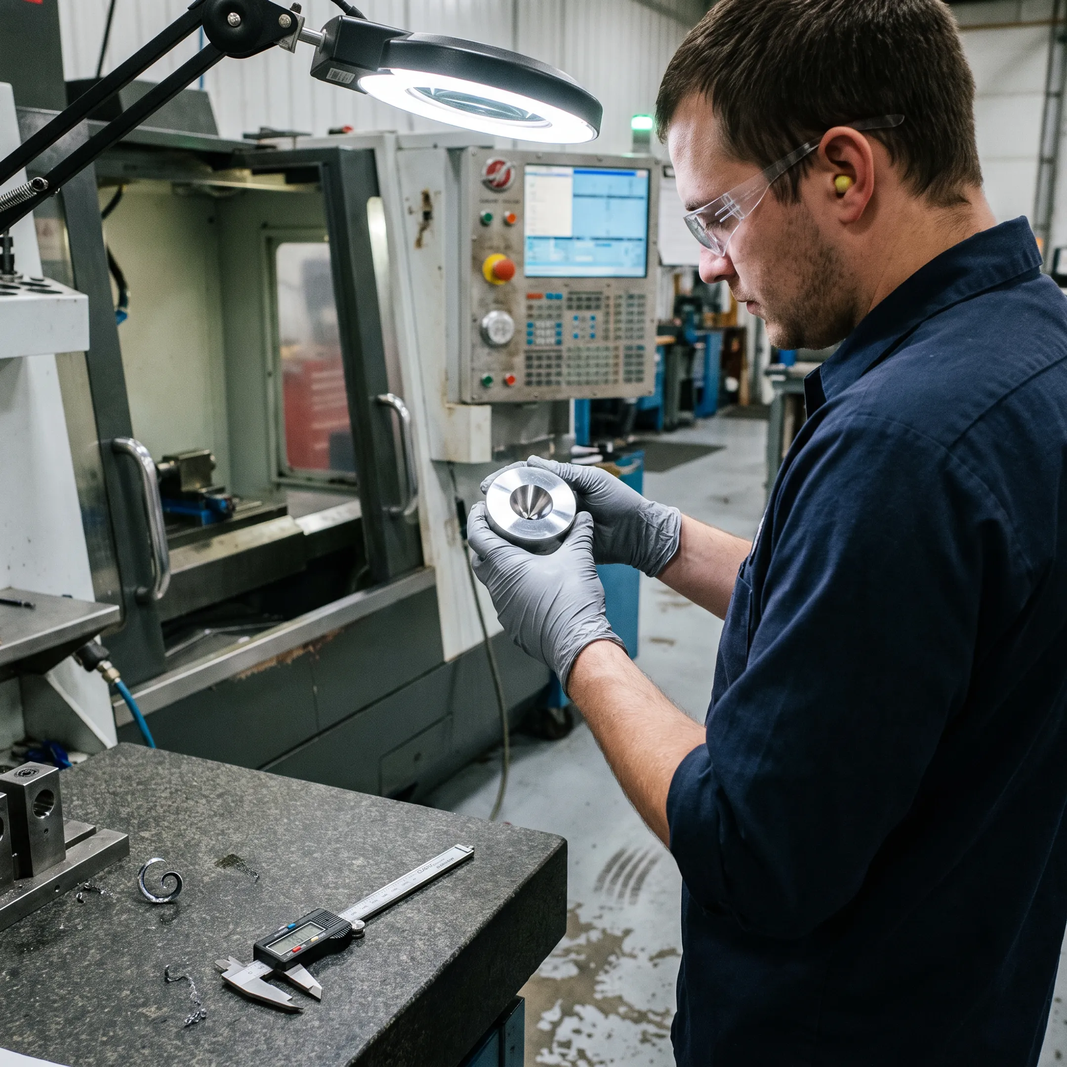Technician inspecting a polished precision tooling component