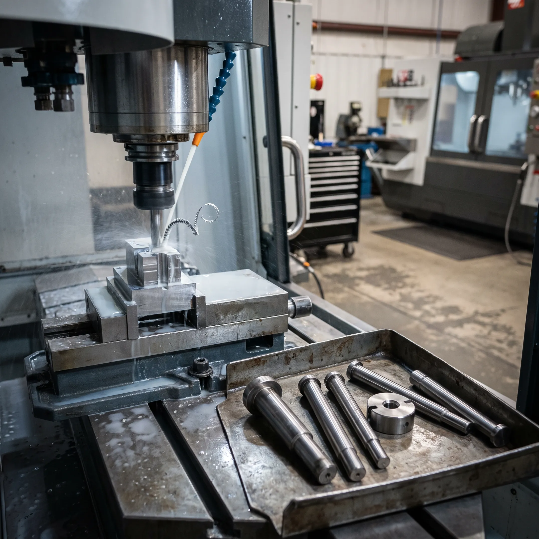 Precision CNC machine producing a detailed metal component in an industrial workshop