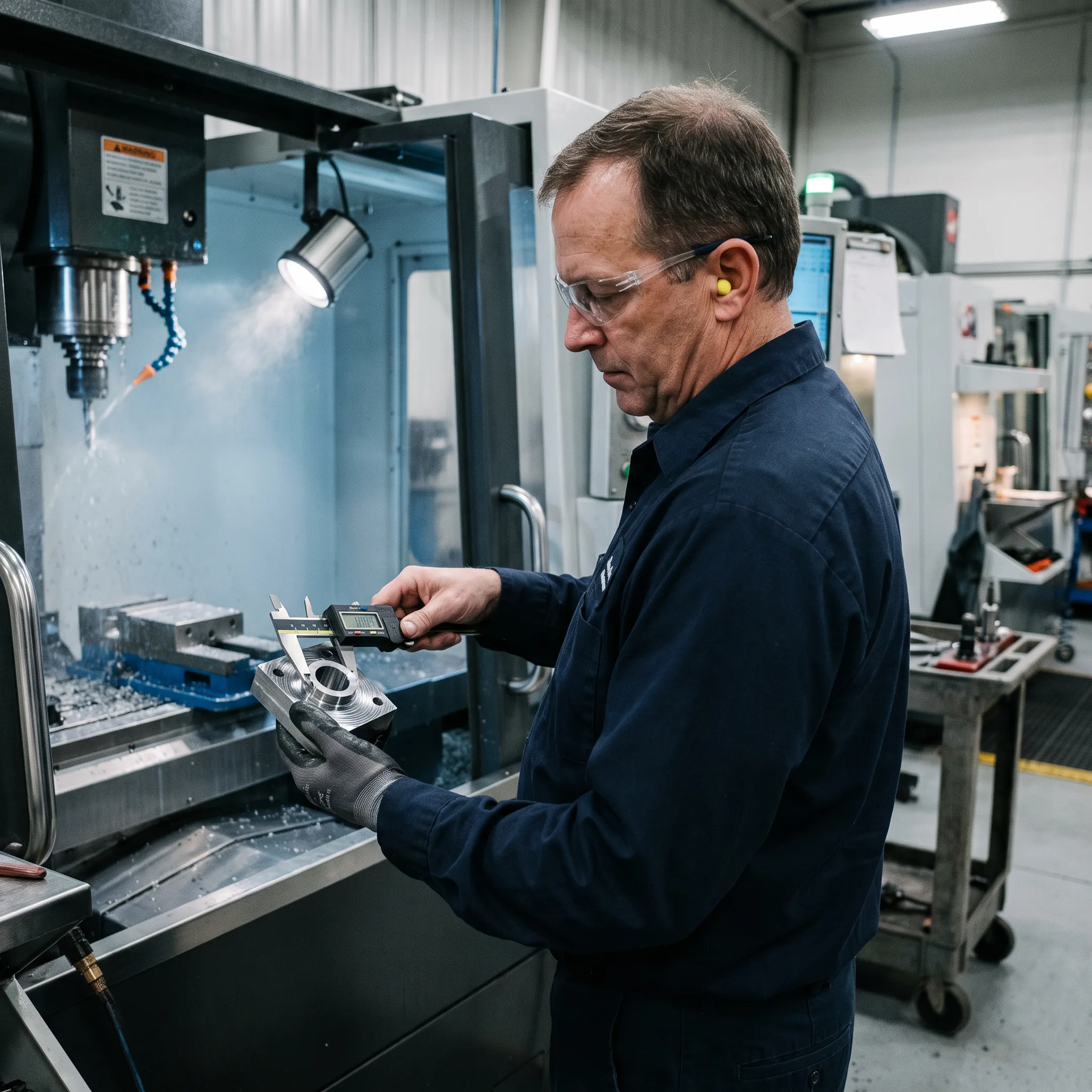 Machinist inspecting a precision metal component beside a CNC machine