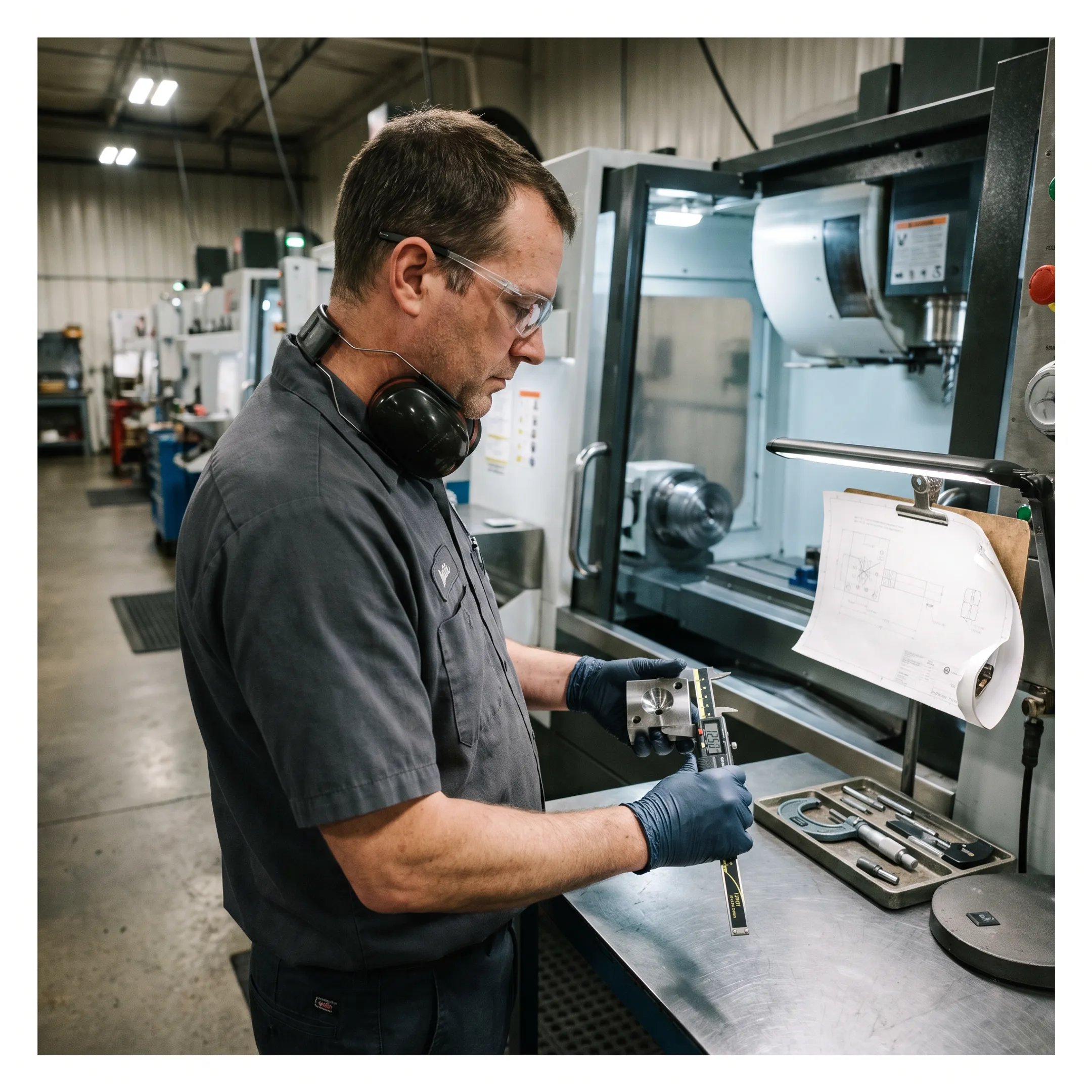 Machinist inspecting a precision machined industrial part