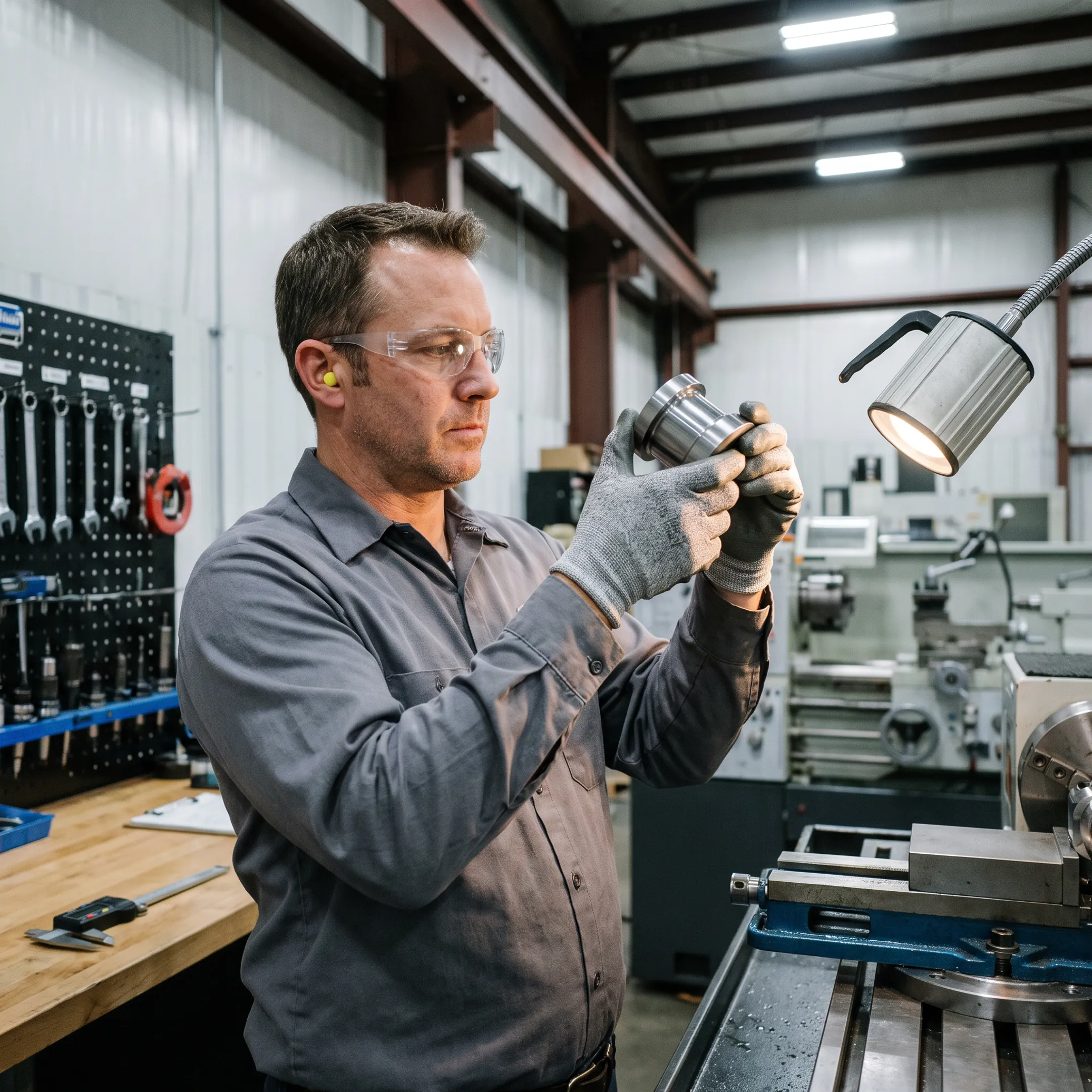 Technician reviewing a custom machined component beside CNC equipment