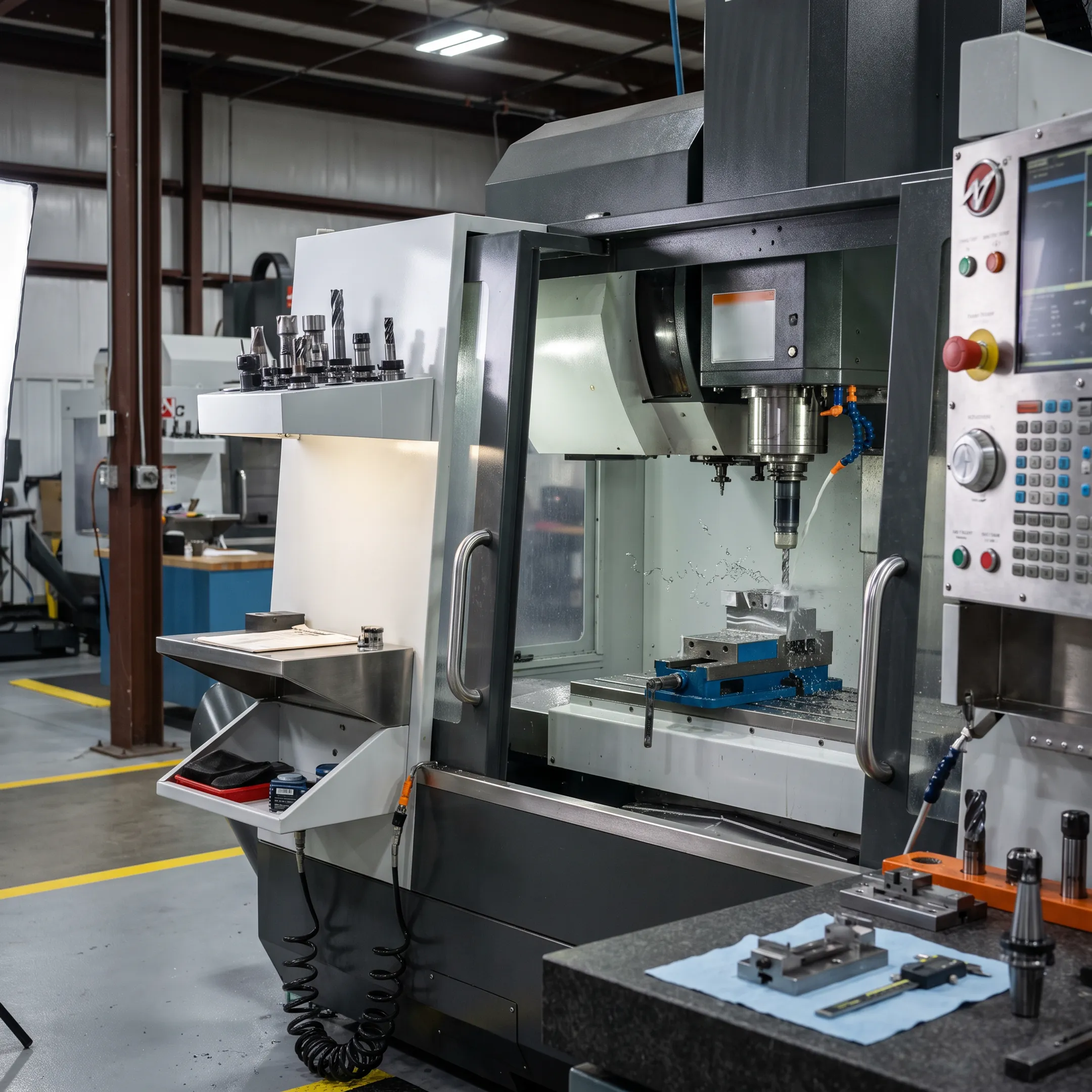 CNC machine cutting a precision metal component in a manufacturing facility