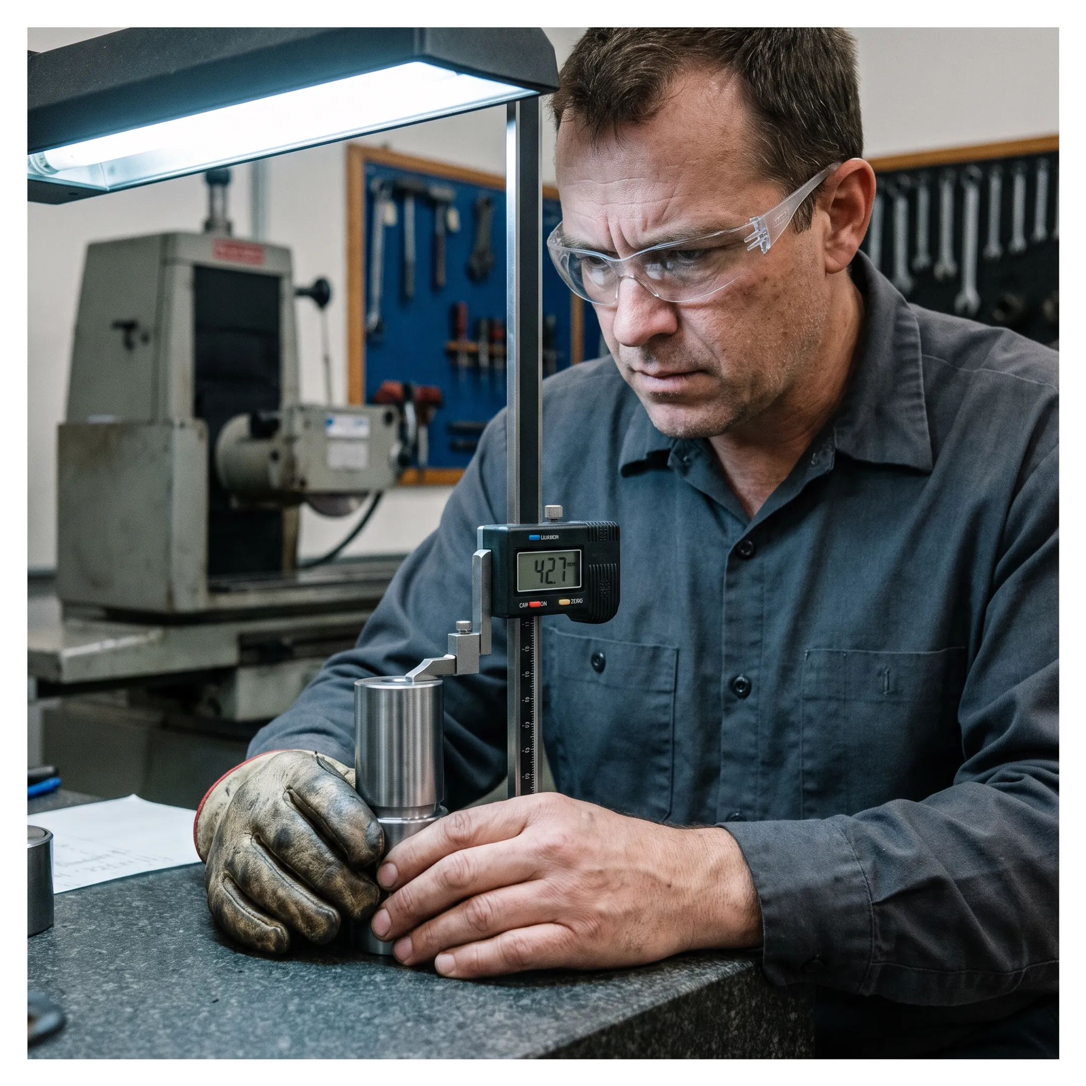 Technician inspecting a precision-ground tooling component