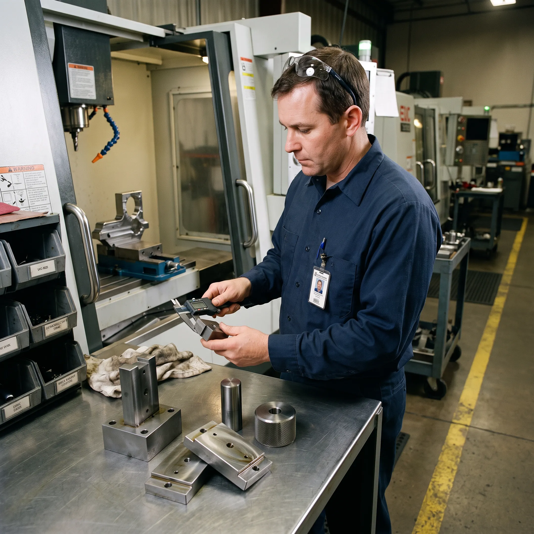 Custom machined metal component beside precision fabrication tools in an industrial workshop