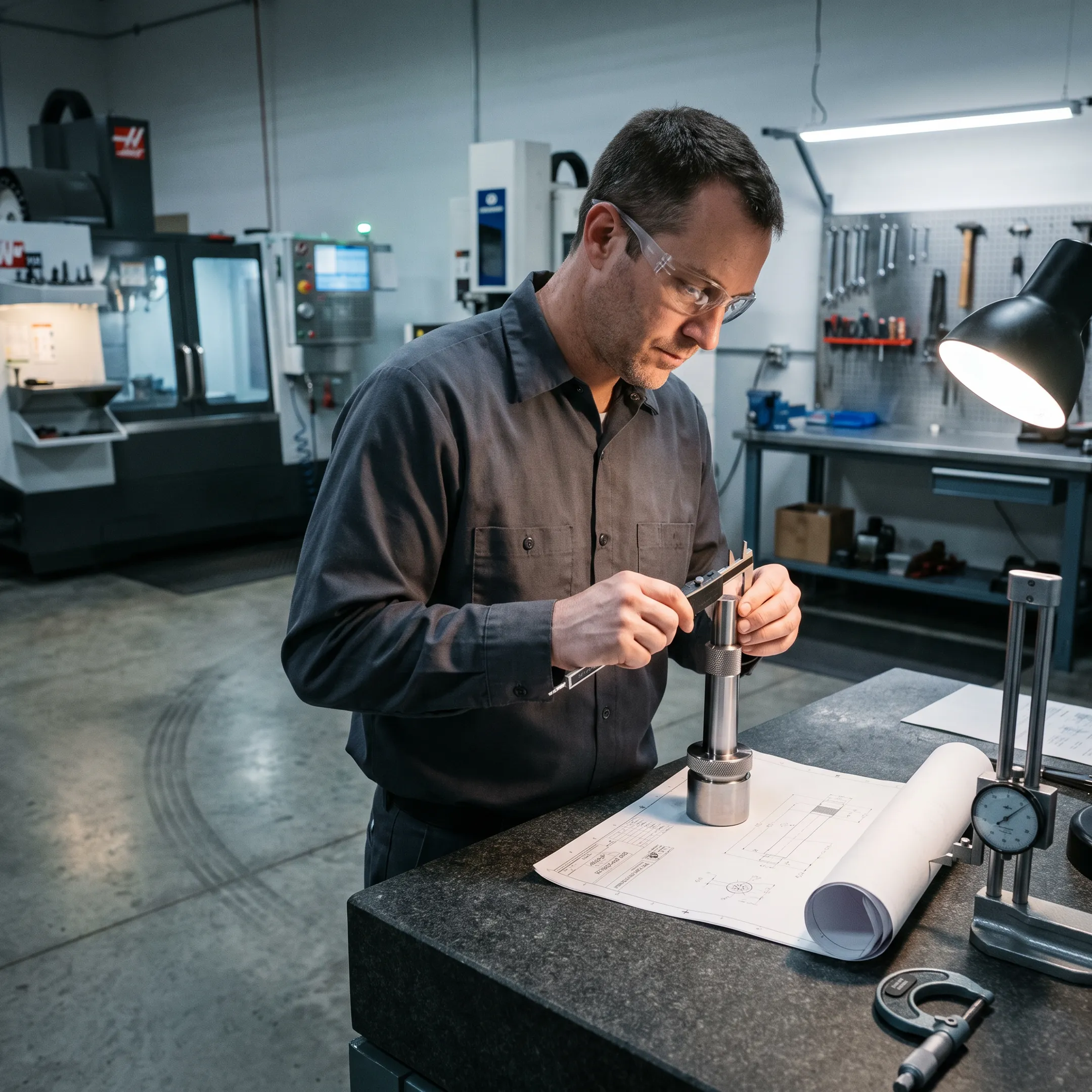 Engineer reviewing a custom machined metal part and technical drawing
