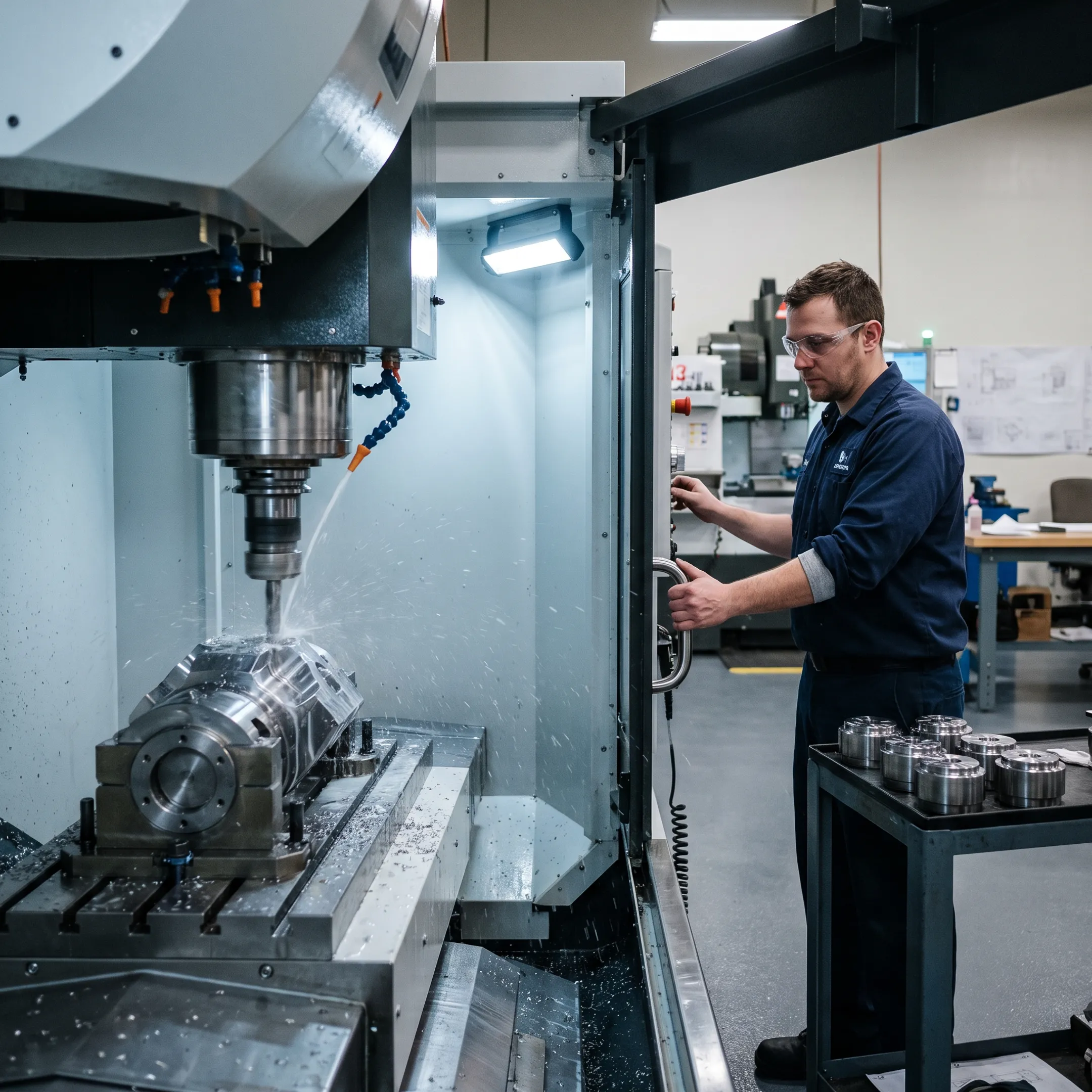 CNC machine cutting a precision metal component in an industrial shop