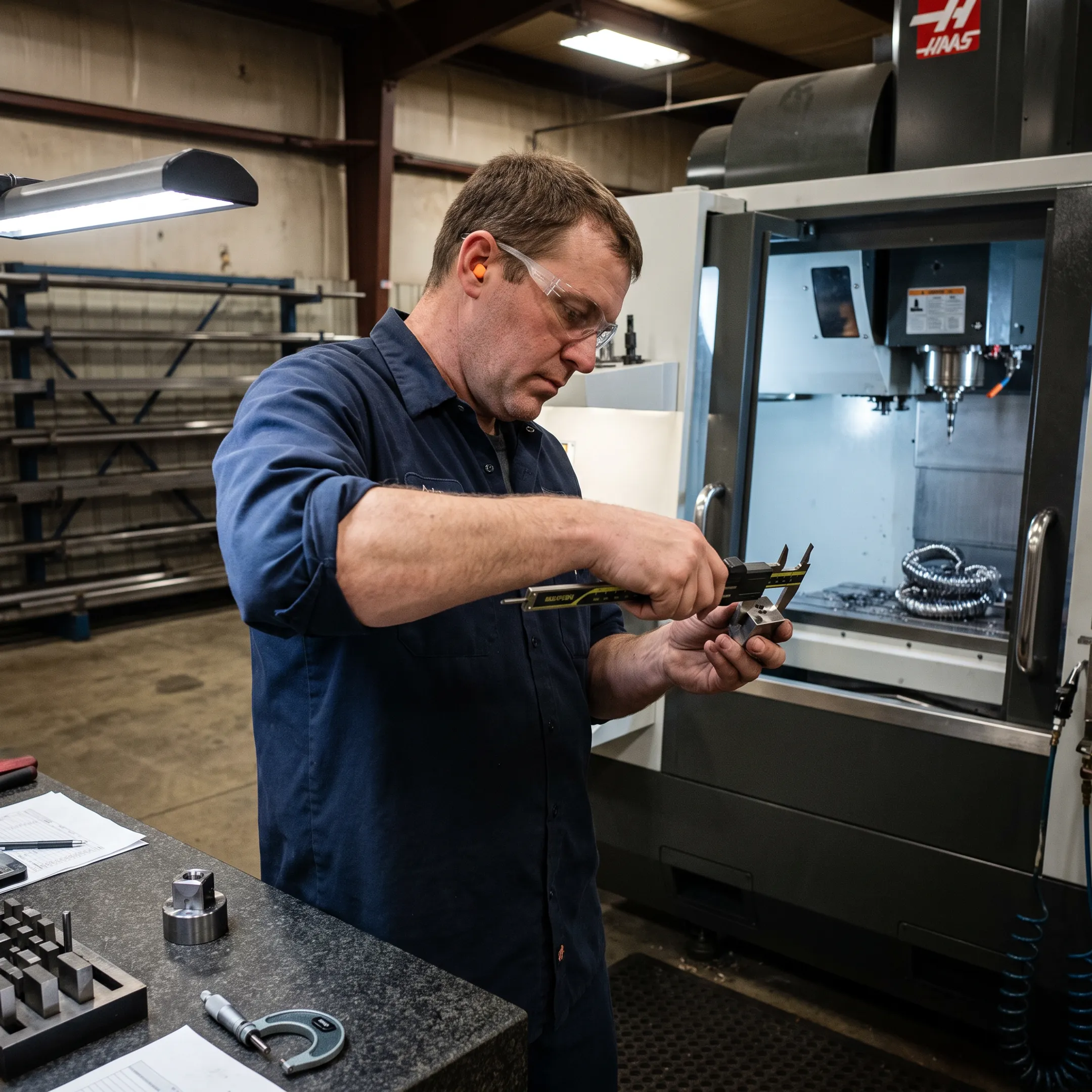 Machinist inspecting a precision CNC machined component