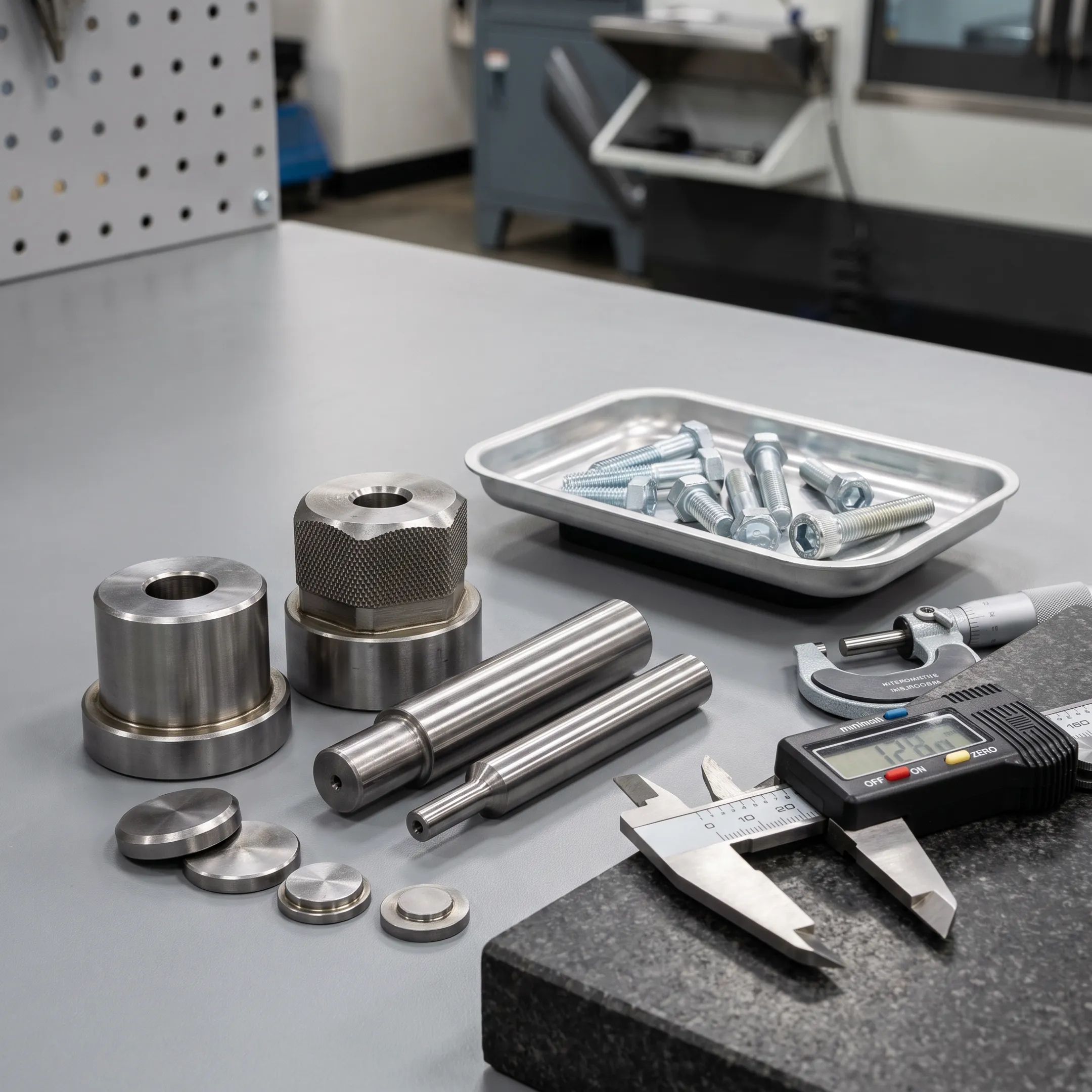 Precision fasteners and machined tooling arranged on an industrial workbench