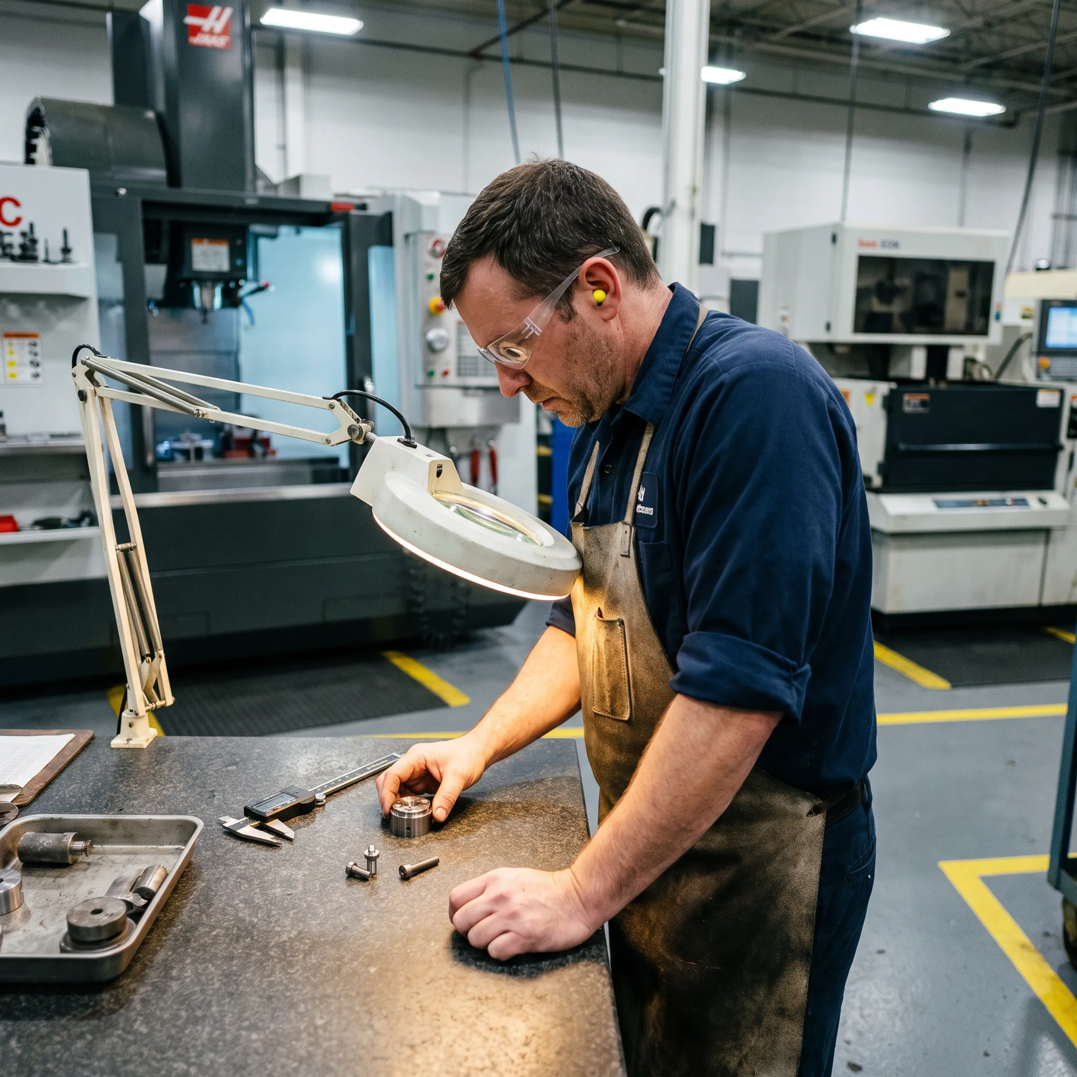 Technician reviewing precision machined fasteners and tooling components