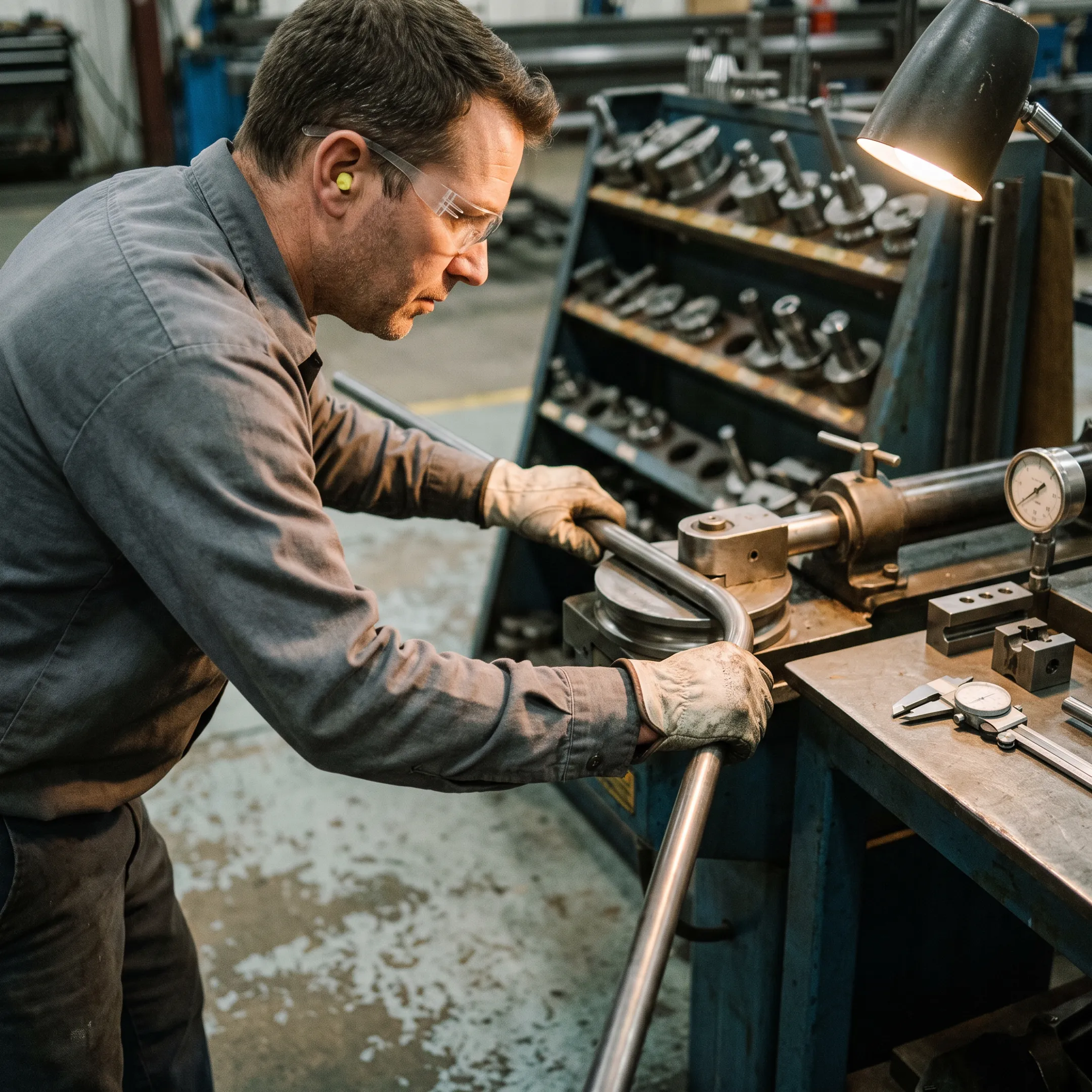 Technician forming metal tube on industrial fabrication equipment