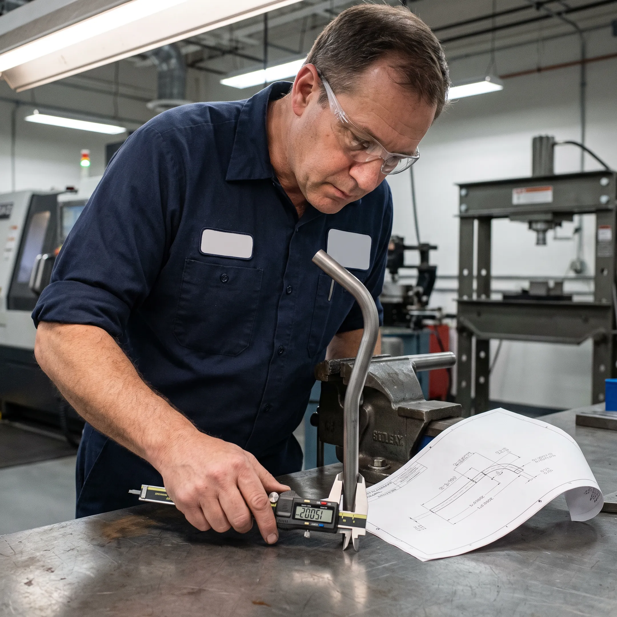Fabrication professional reviewing a bent tube and engineering drawing