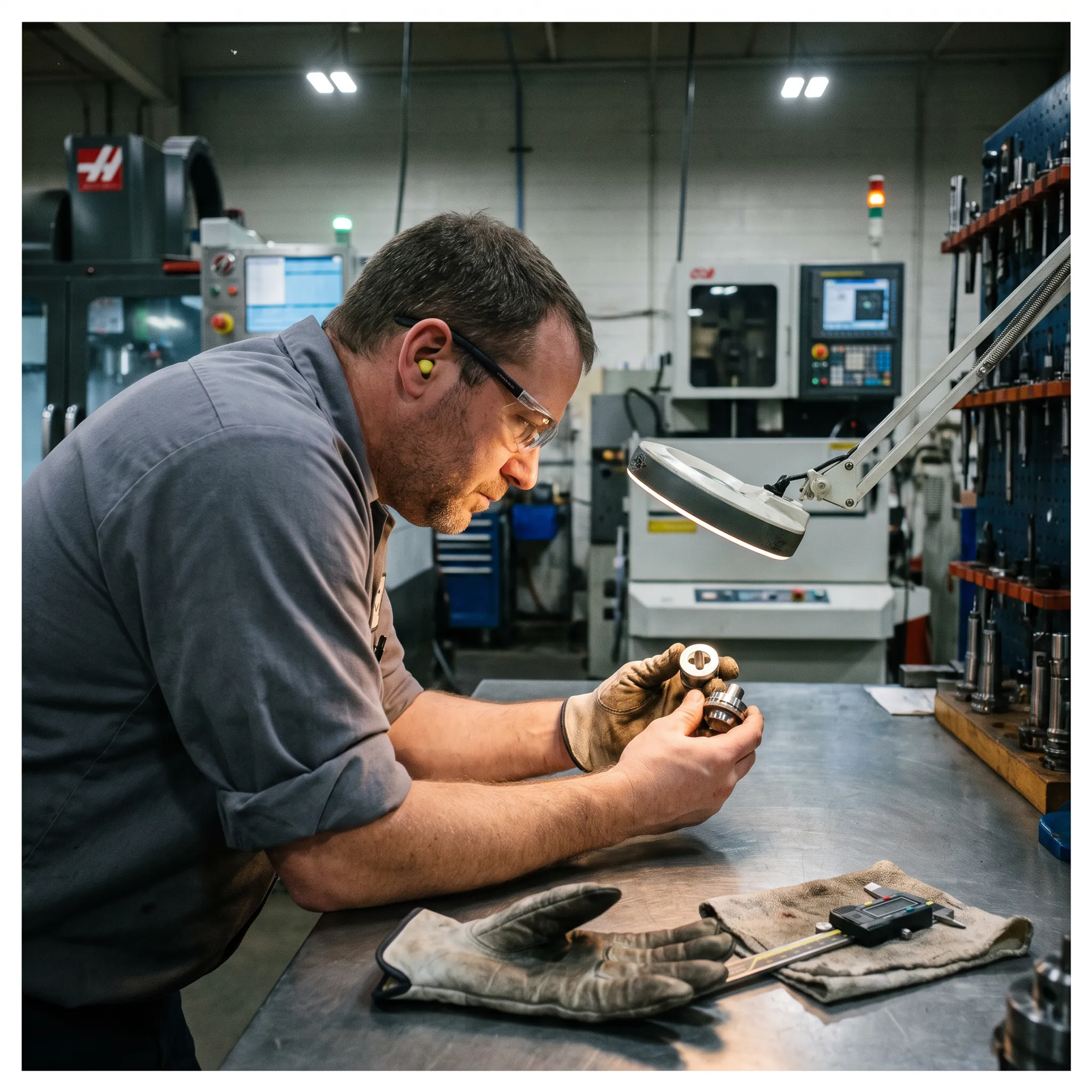 Machinist inspecting a precision wire drawing die