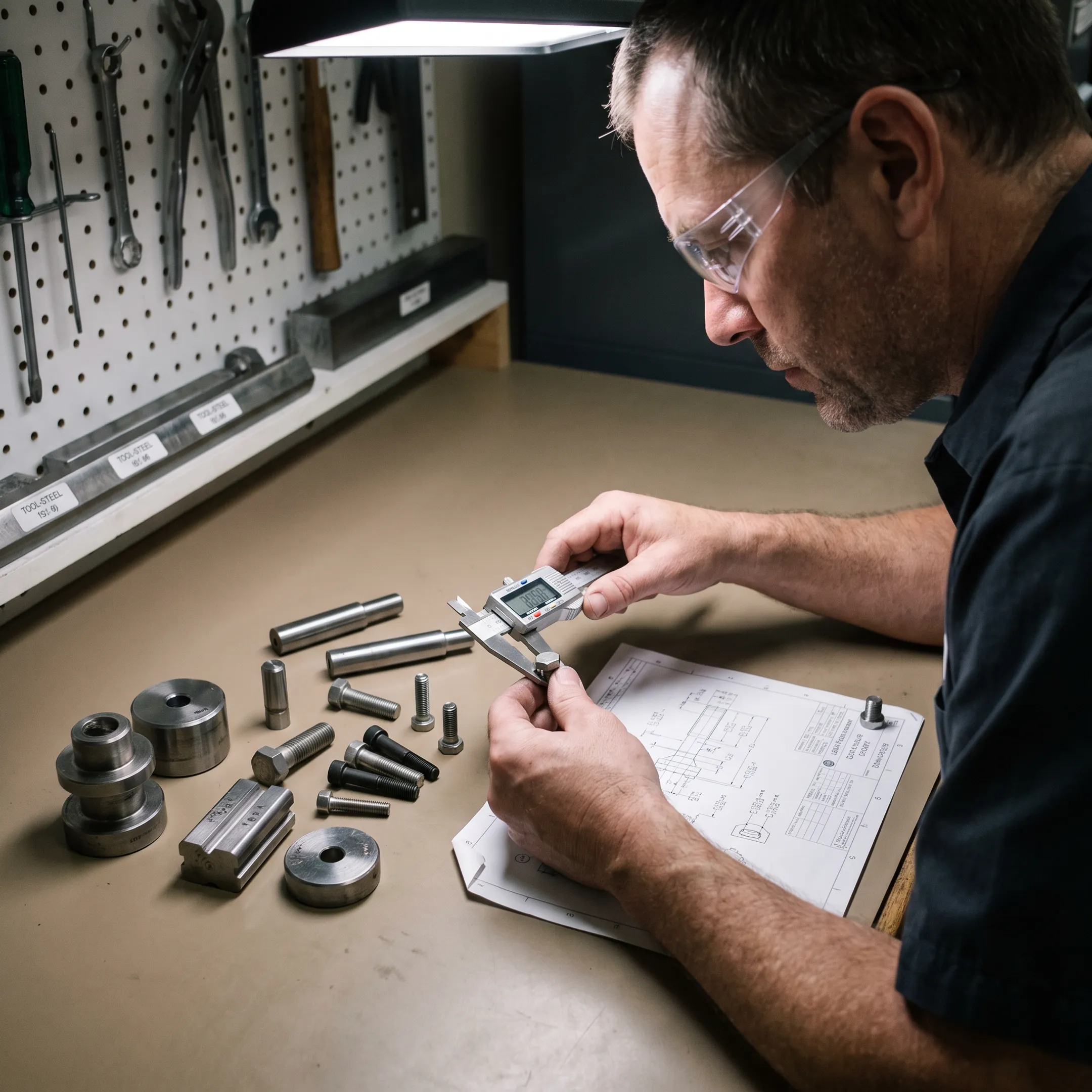 Engineer reviewing OEM fastener hardware and precision tooling components