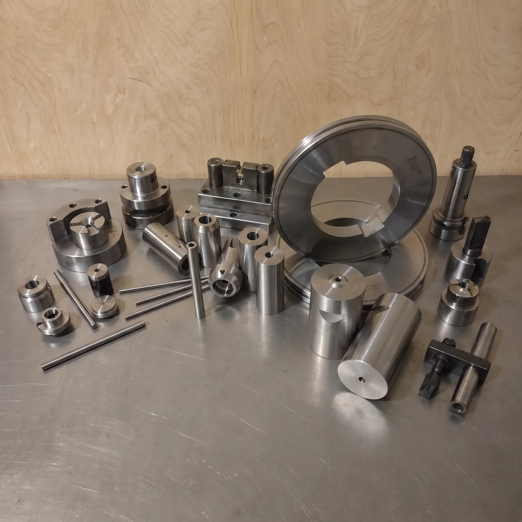 Precision stamped metal components beside production tooling