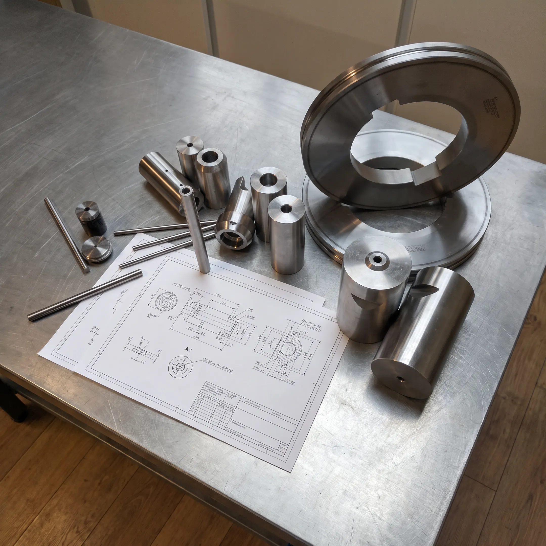 Precision OEM fasteners and machined hardware arranged beside industrial tooling