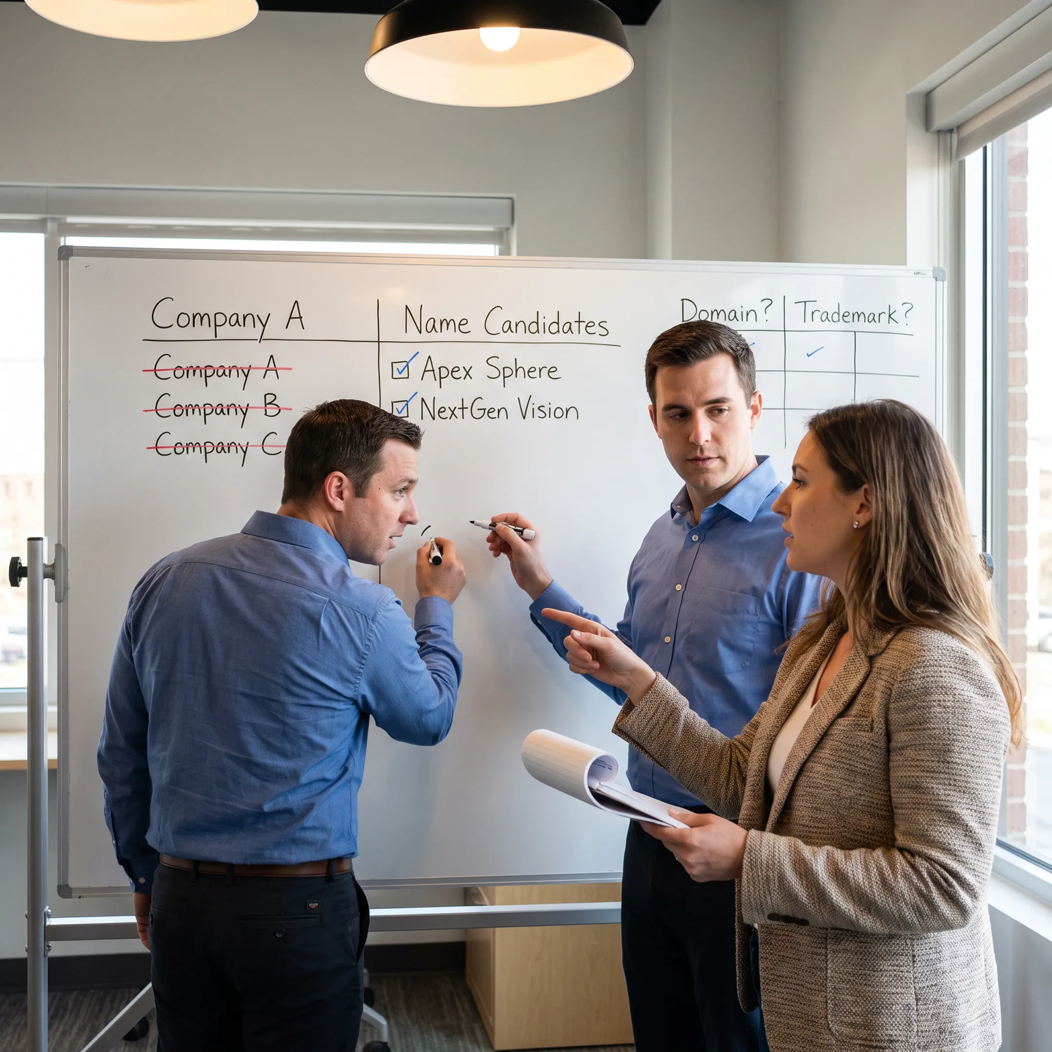 Marketing strategists developing a distinctive service name on a collaborative whiteboard