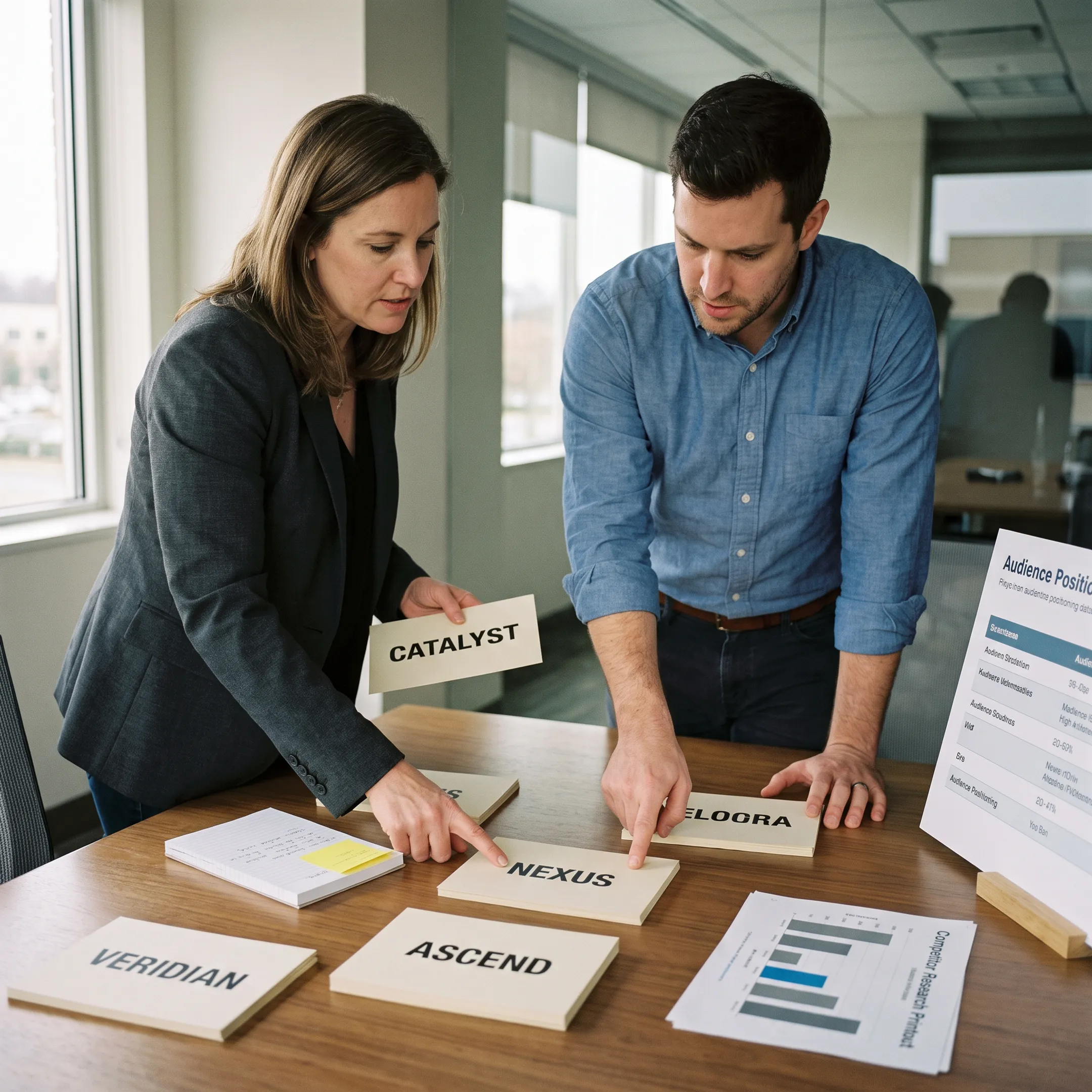 Brand strategists evaluating service naming concepts and messaging options