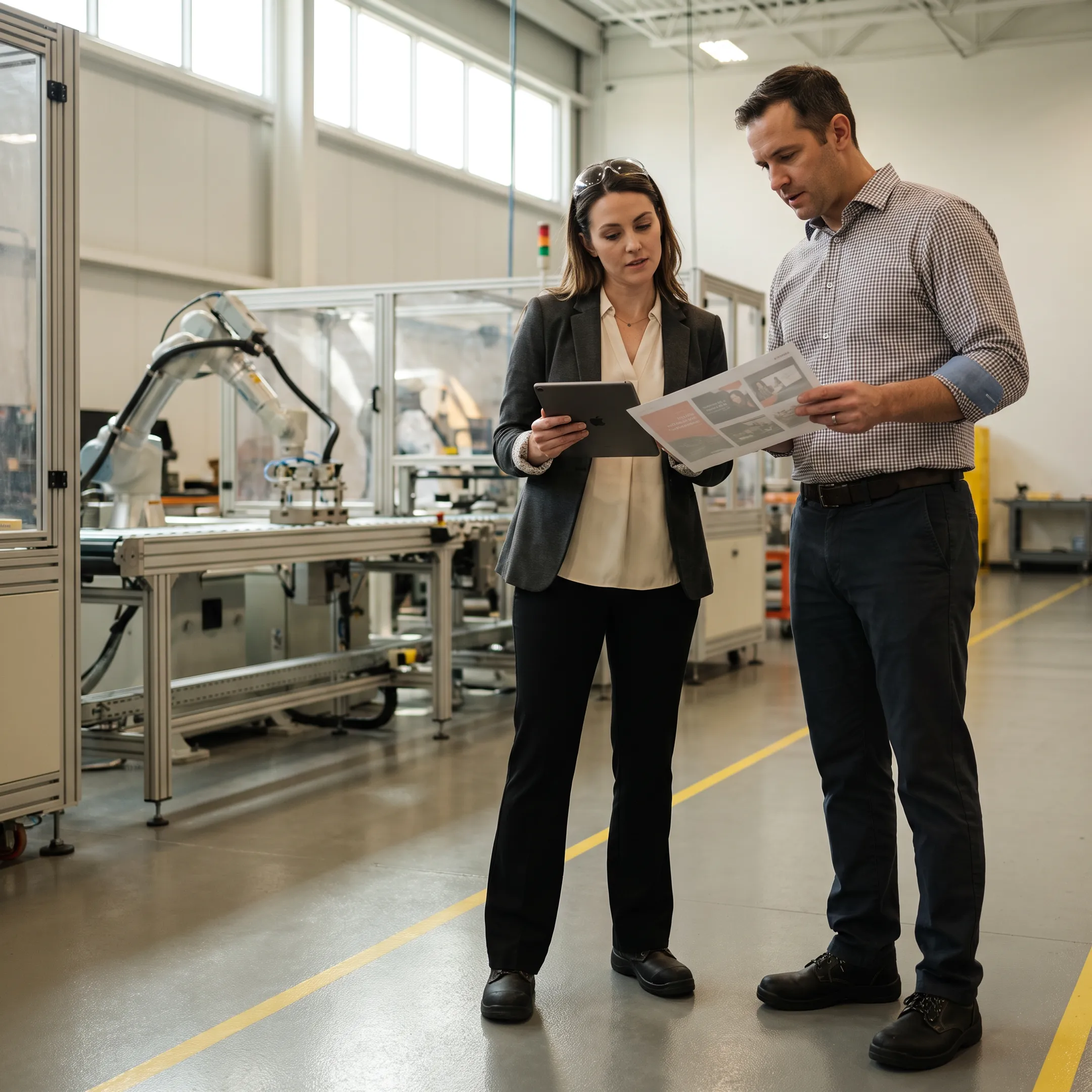 Industrial manufacturing marketing team reviewing campaign strategy near factory equipment