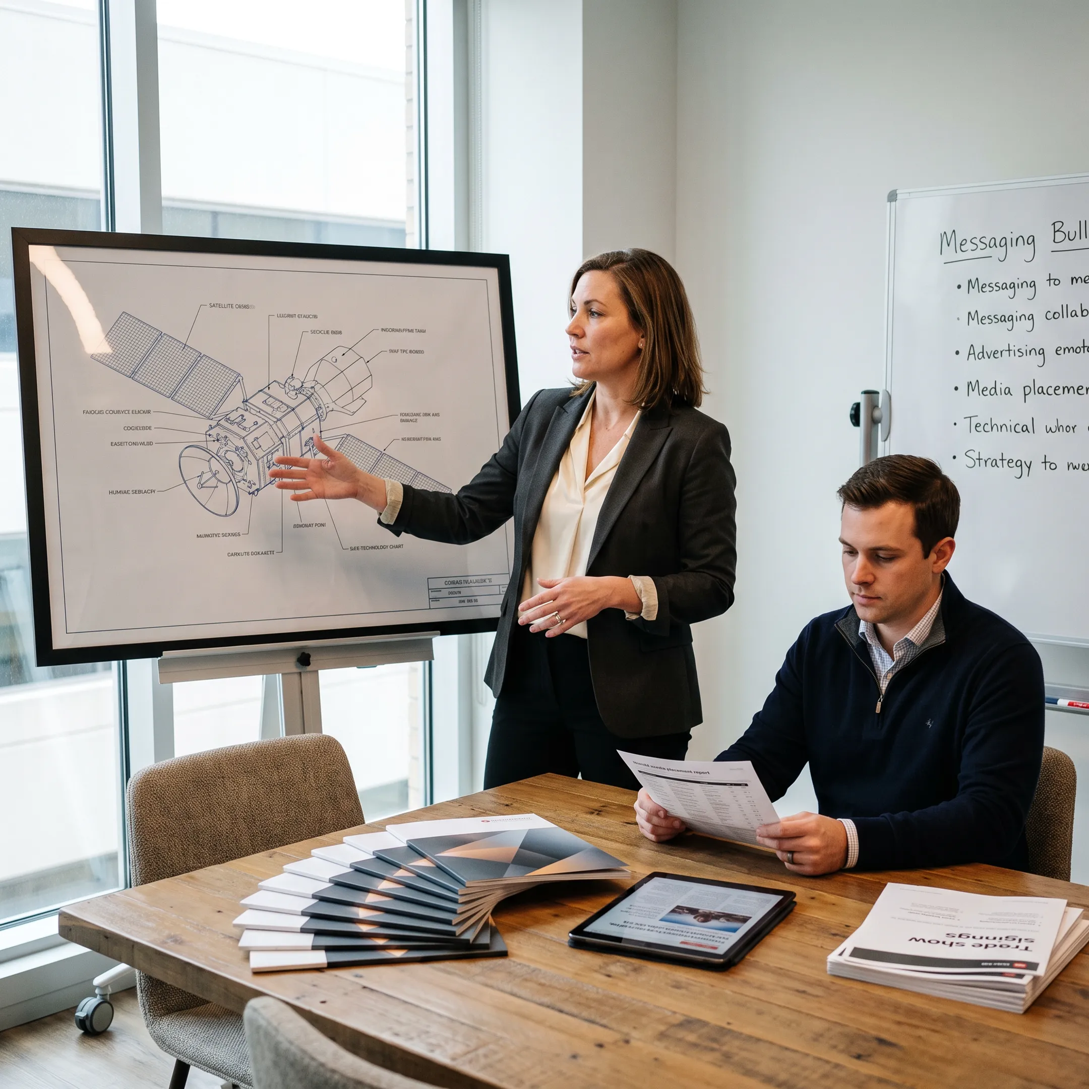 Public relations strategist presenting aerospace technology messaging