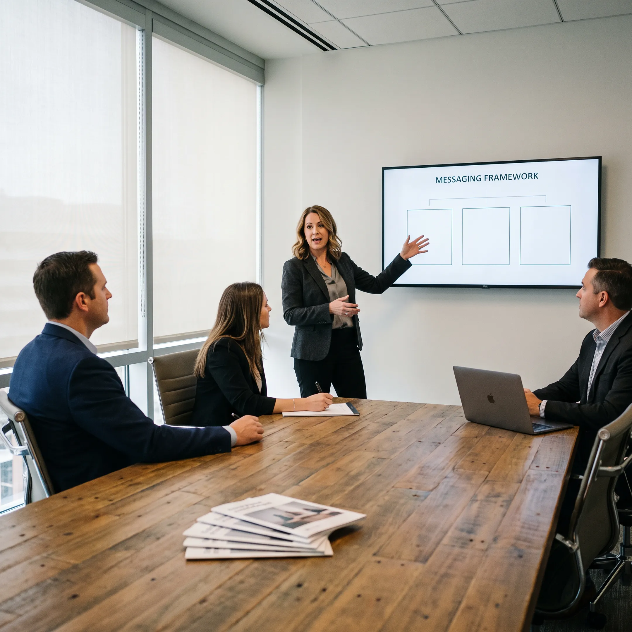 PR strategist presenting medical technology launch messaging to a client team