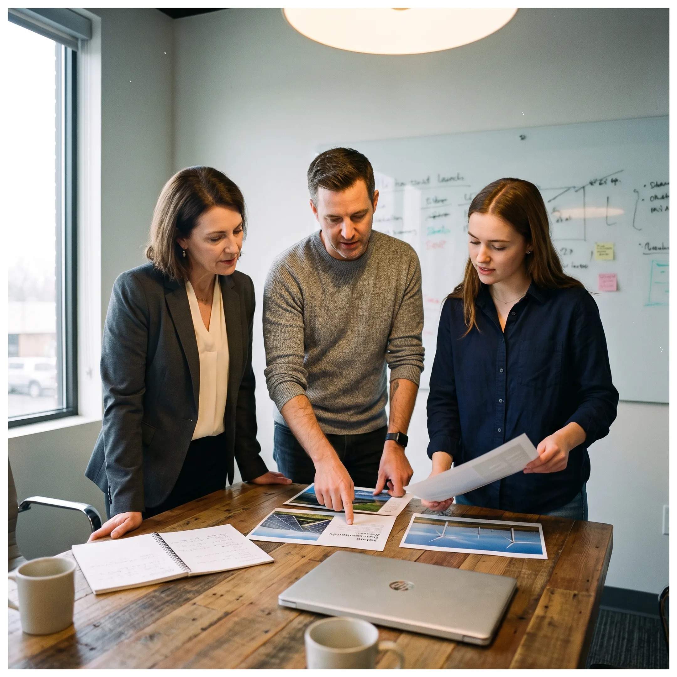 Sustainability communications team developing environmental campaign content
