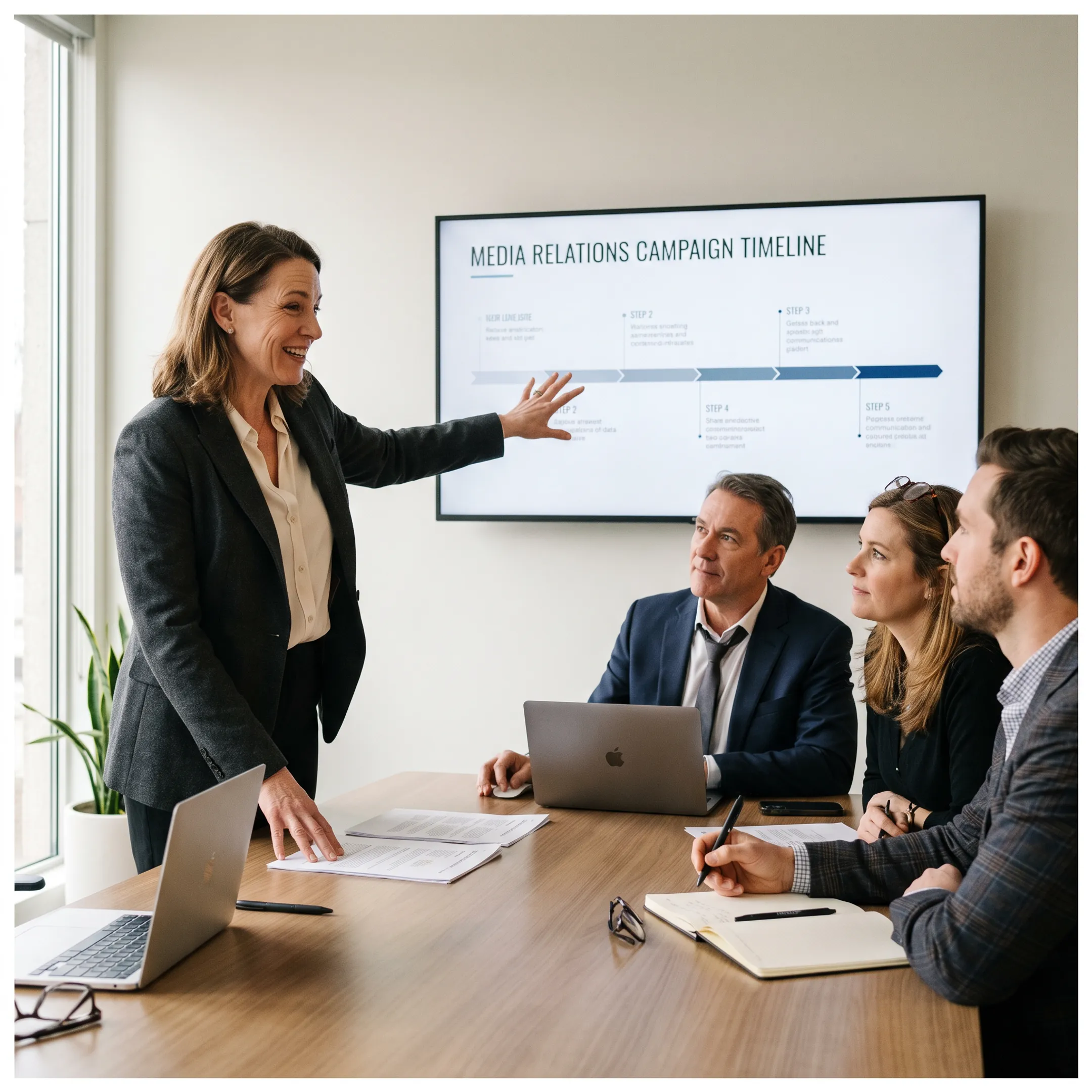 Marketing strategist presenting an integrated PR and content campaign