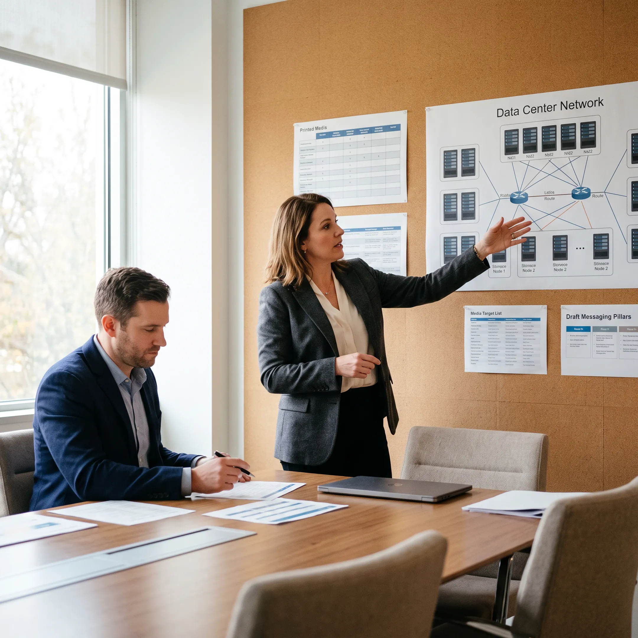 Communications strategist presenting data center public relations plan