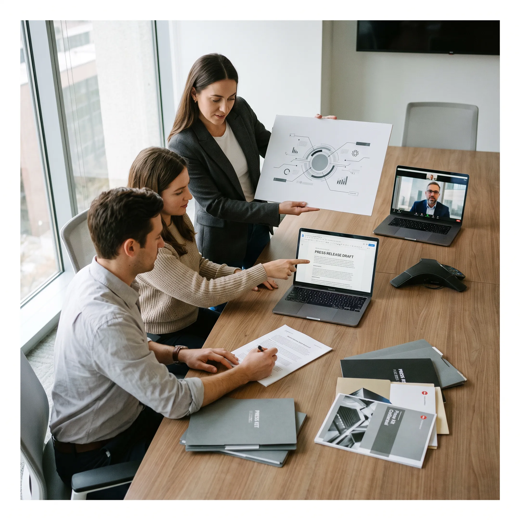 Marketing professionals presenting a new technology product to media and industry analysts