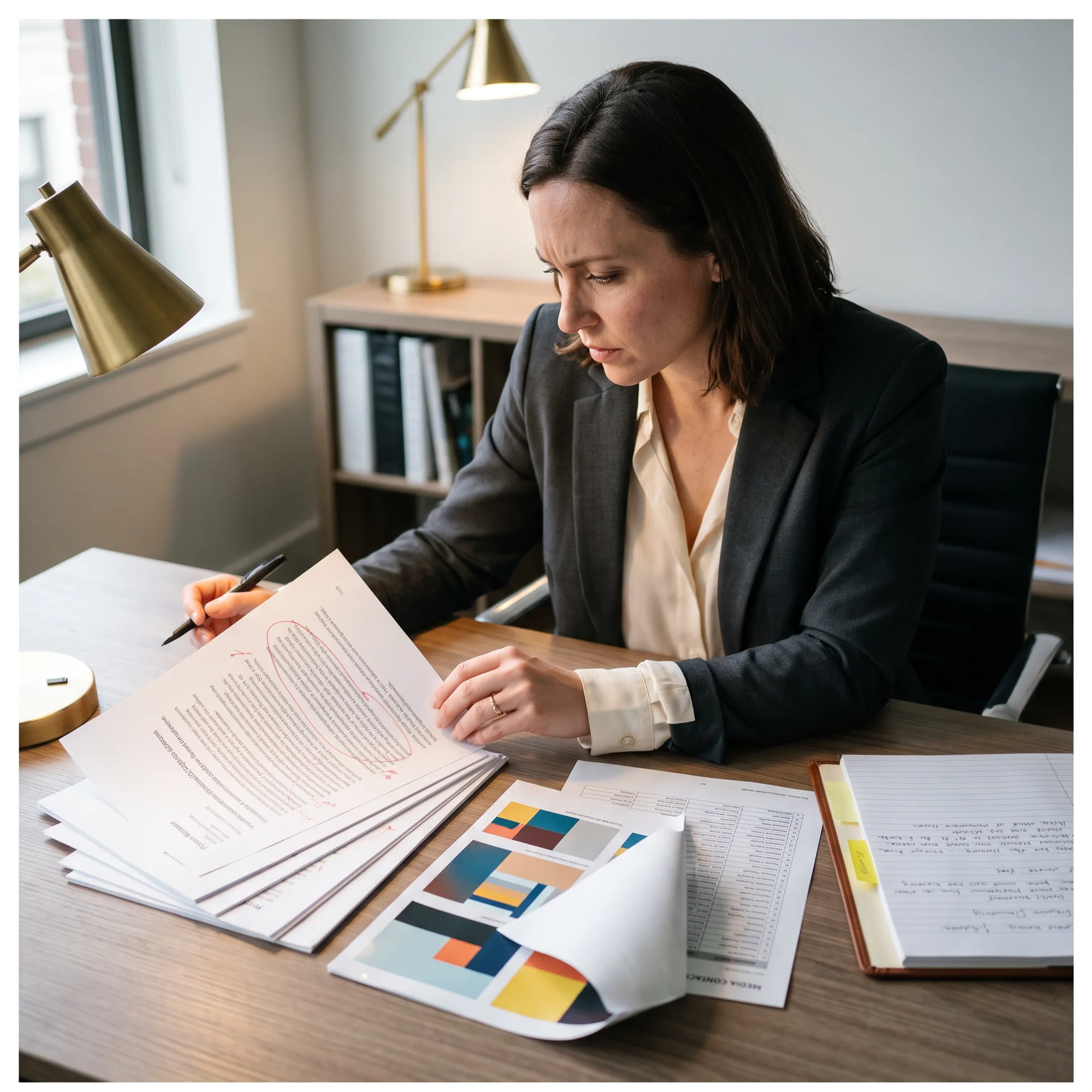 Launch marketing strategist reviewing messaging and media campaign materials