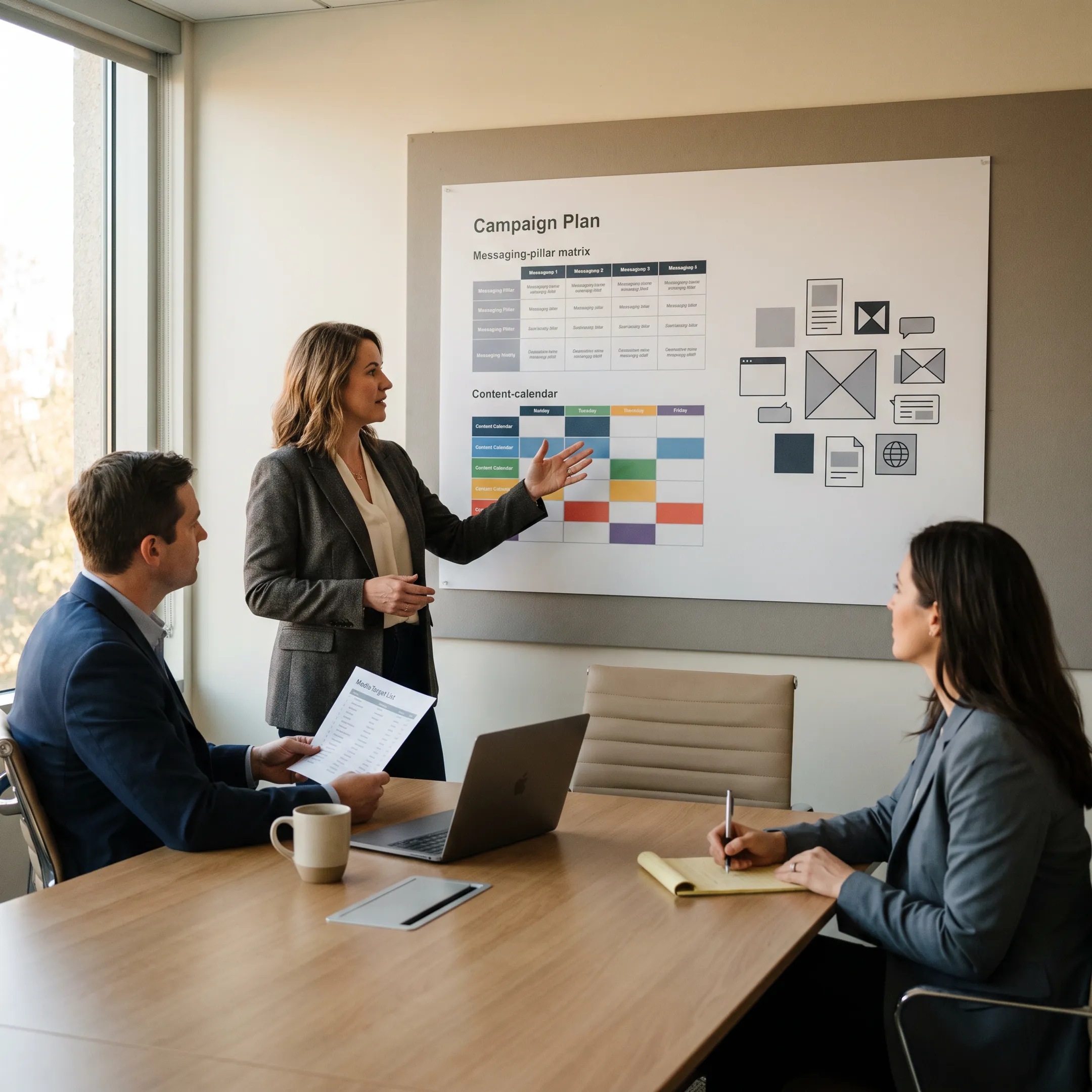 Communications strategist presenting a public relations campaign plan to a business team