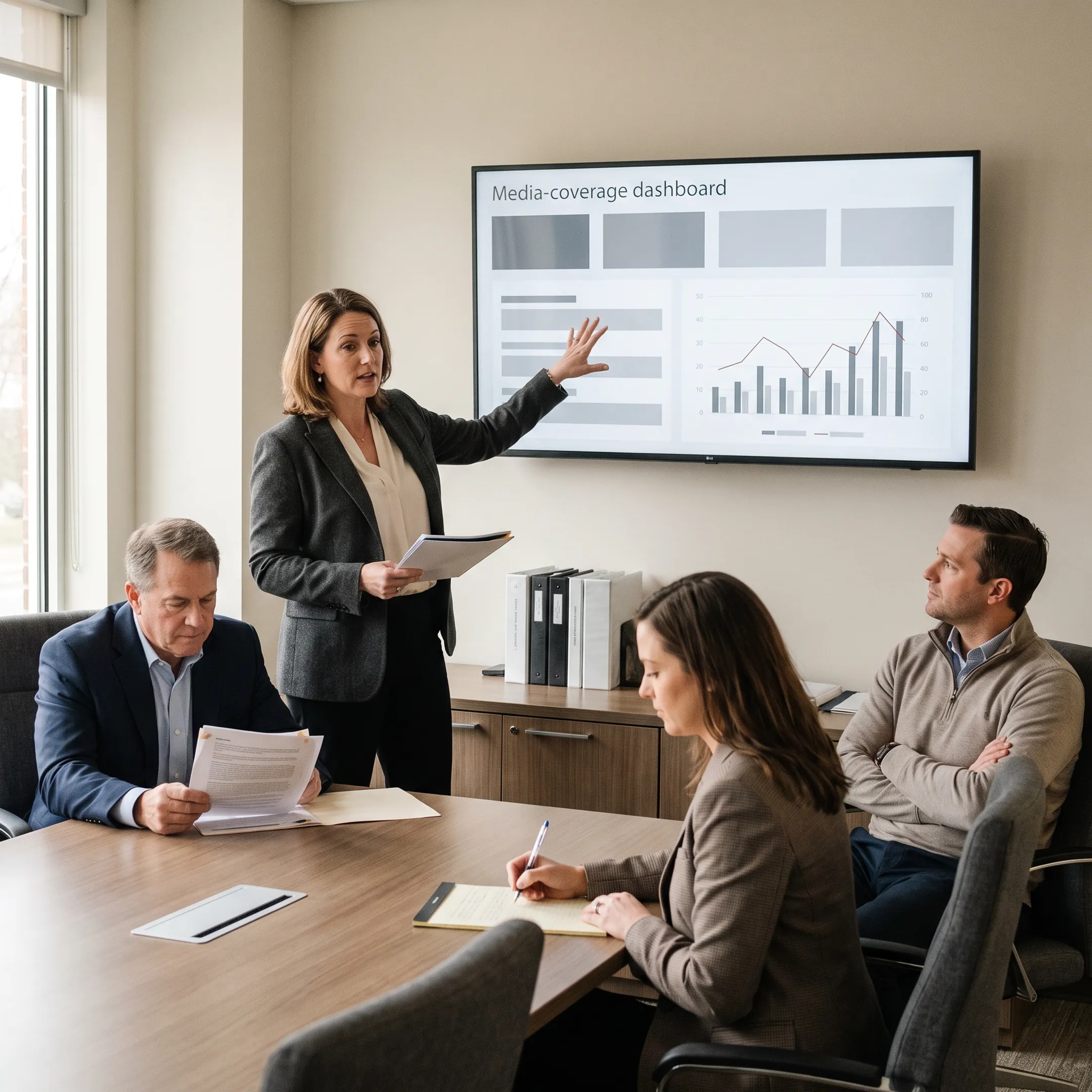 PR strategist presenting communications campaign results to business leaders