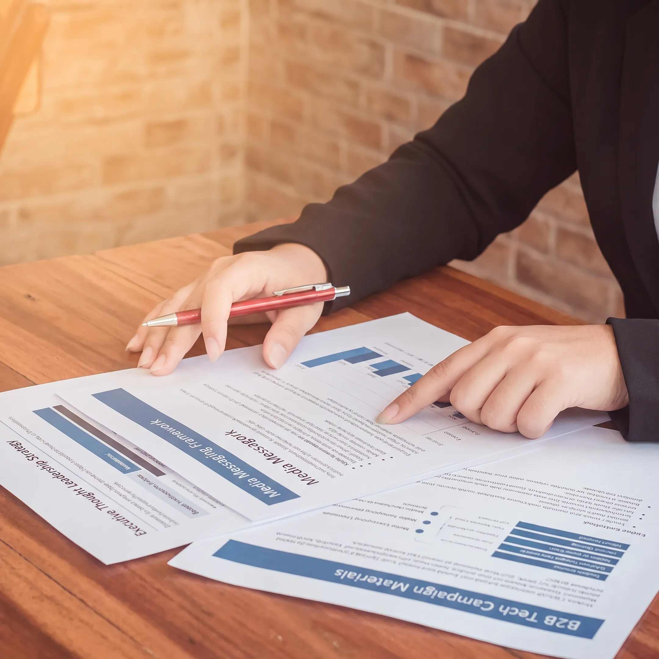 Communications strategist reviewing executive thought leadership content with a B2B client
