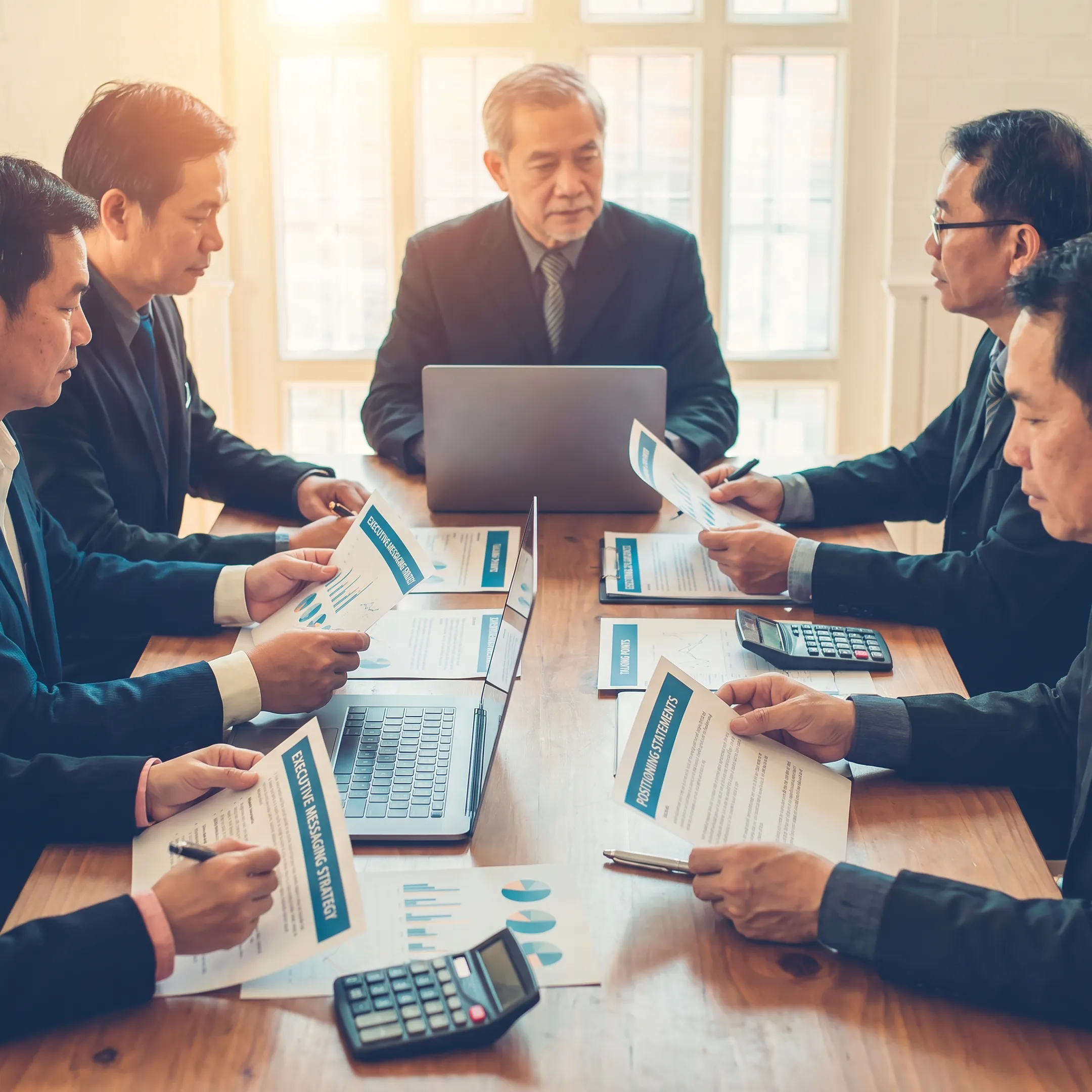 CEO speaking with communications advisors during a strategic positioning session