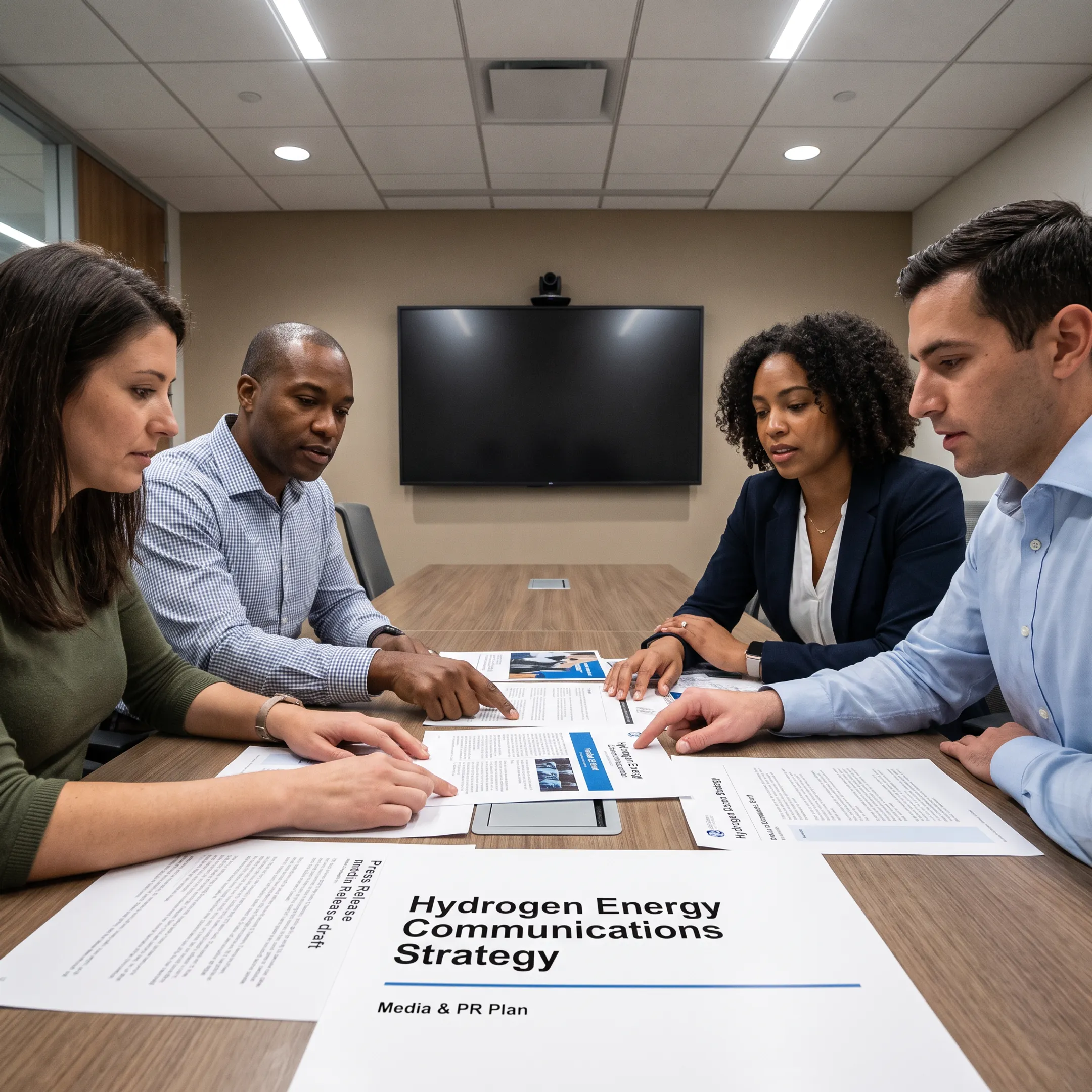 Public relations team discussing hydrogen energy communications strategy