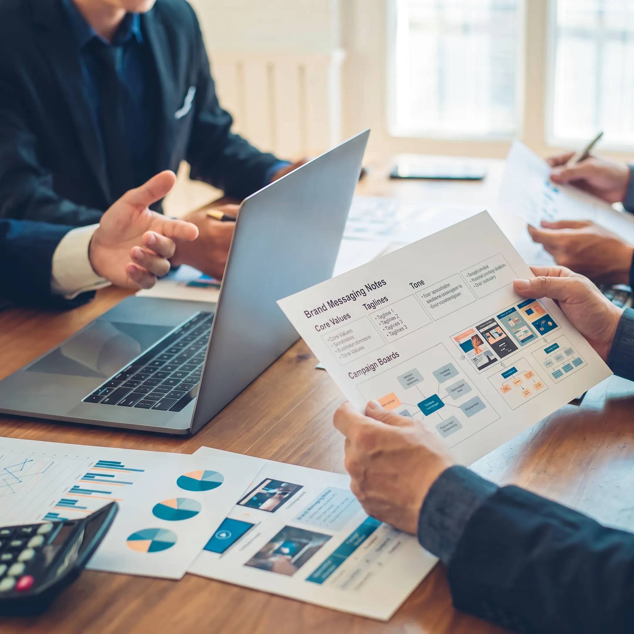 Marketing strategist developing a brand storytelling plan with messaging notes and content concepts