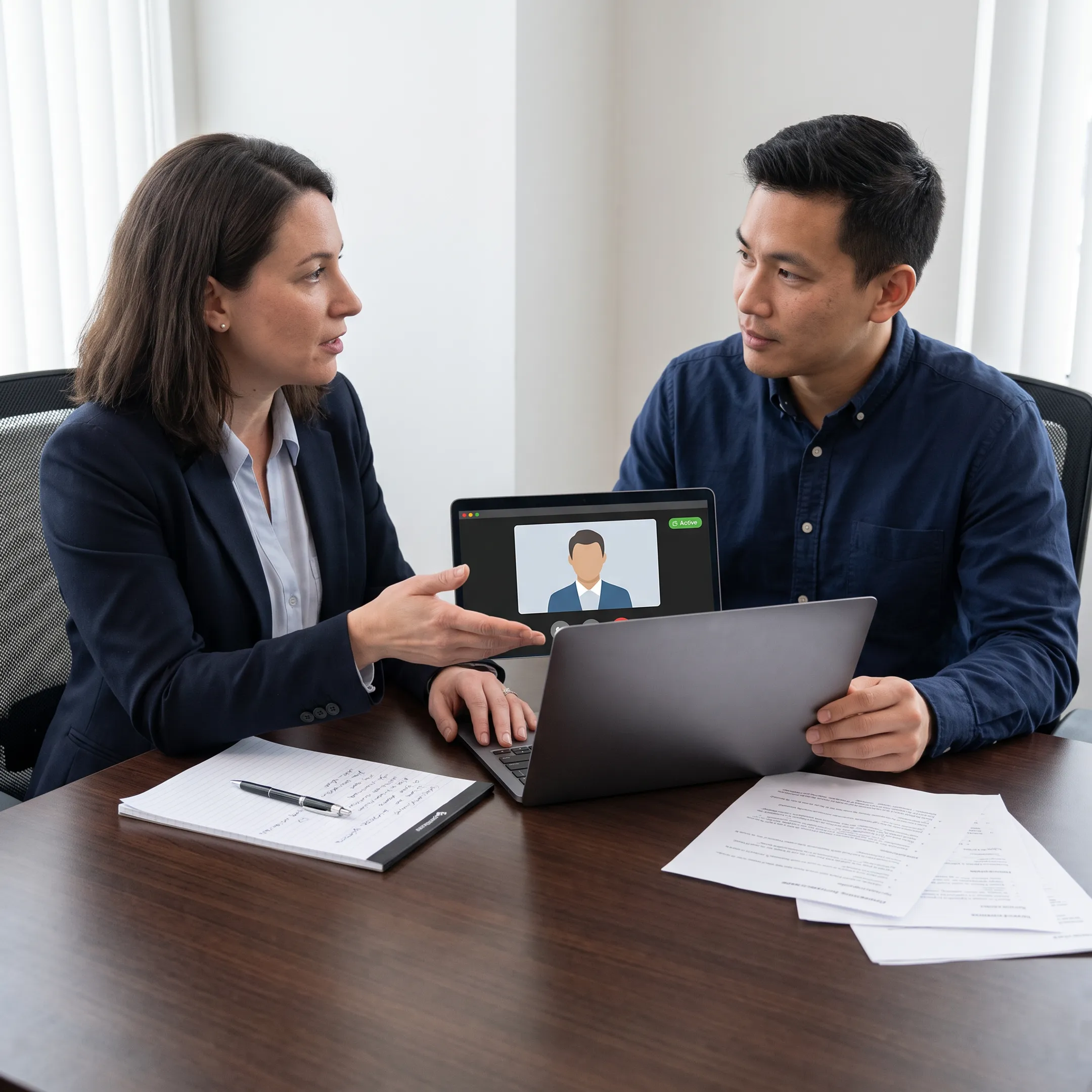 Communications coach guiding an executive through virtual interview practice
