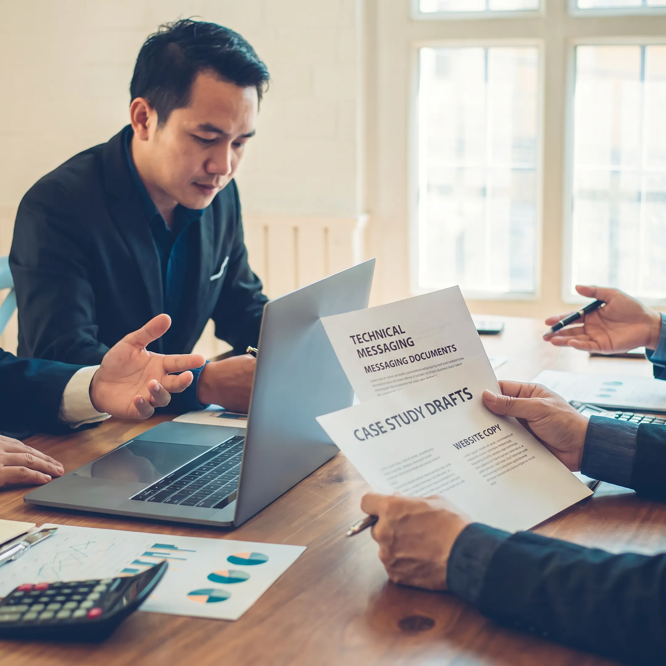 Strategist reviewing technical marketing content with a business client