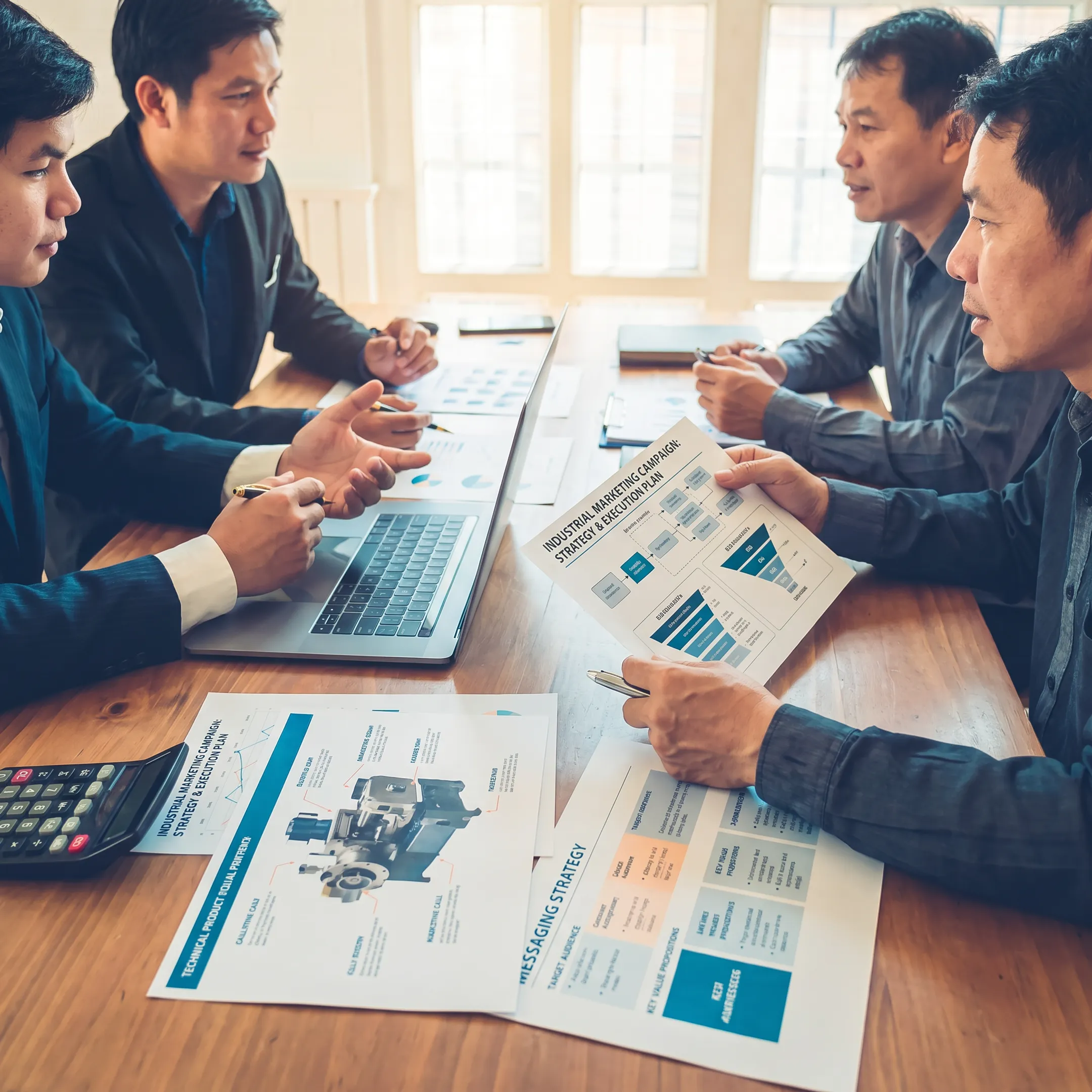 Marketing strategists planning an industrial manufacturing campaign with product documents