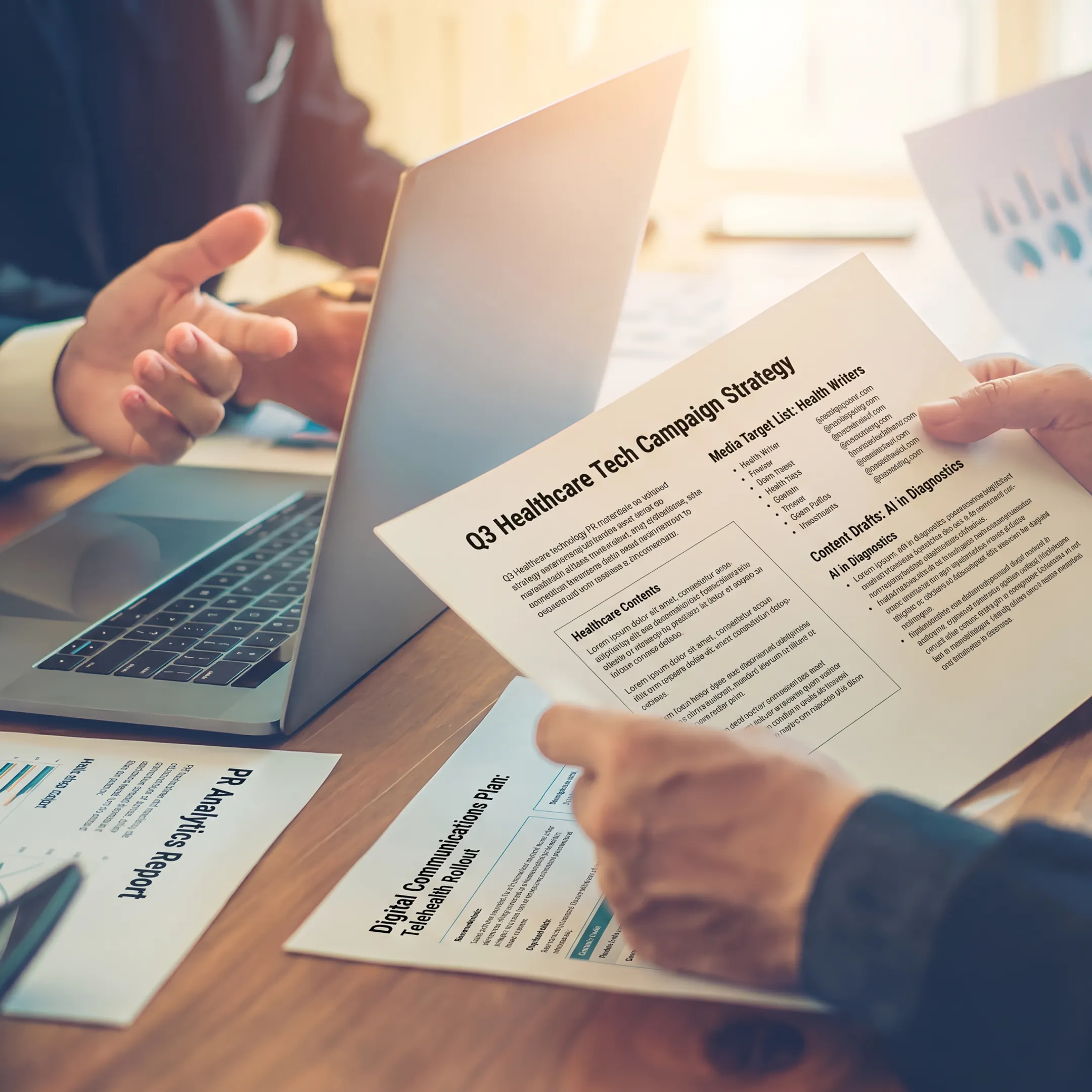 Strategists planning a digital PR campaign for a healthcare technology brand