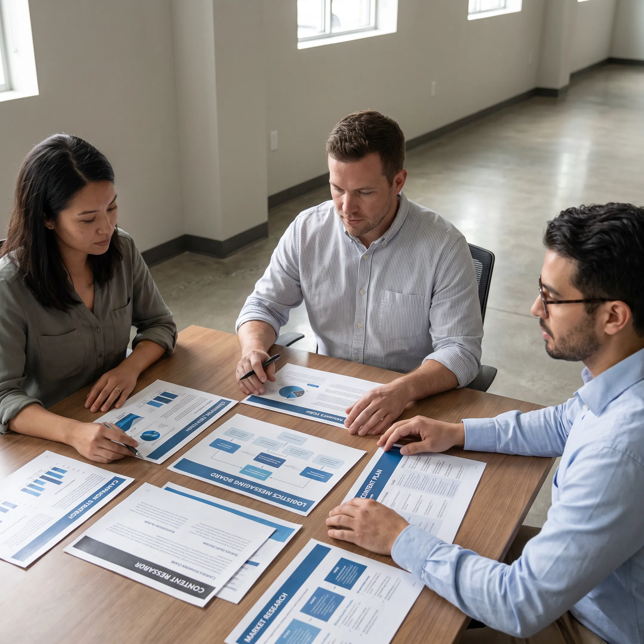 Marketing strategists reviewing supply chain and logistics campaign materials