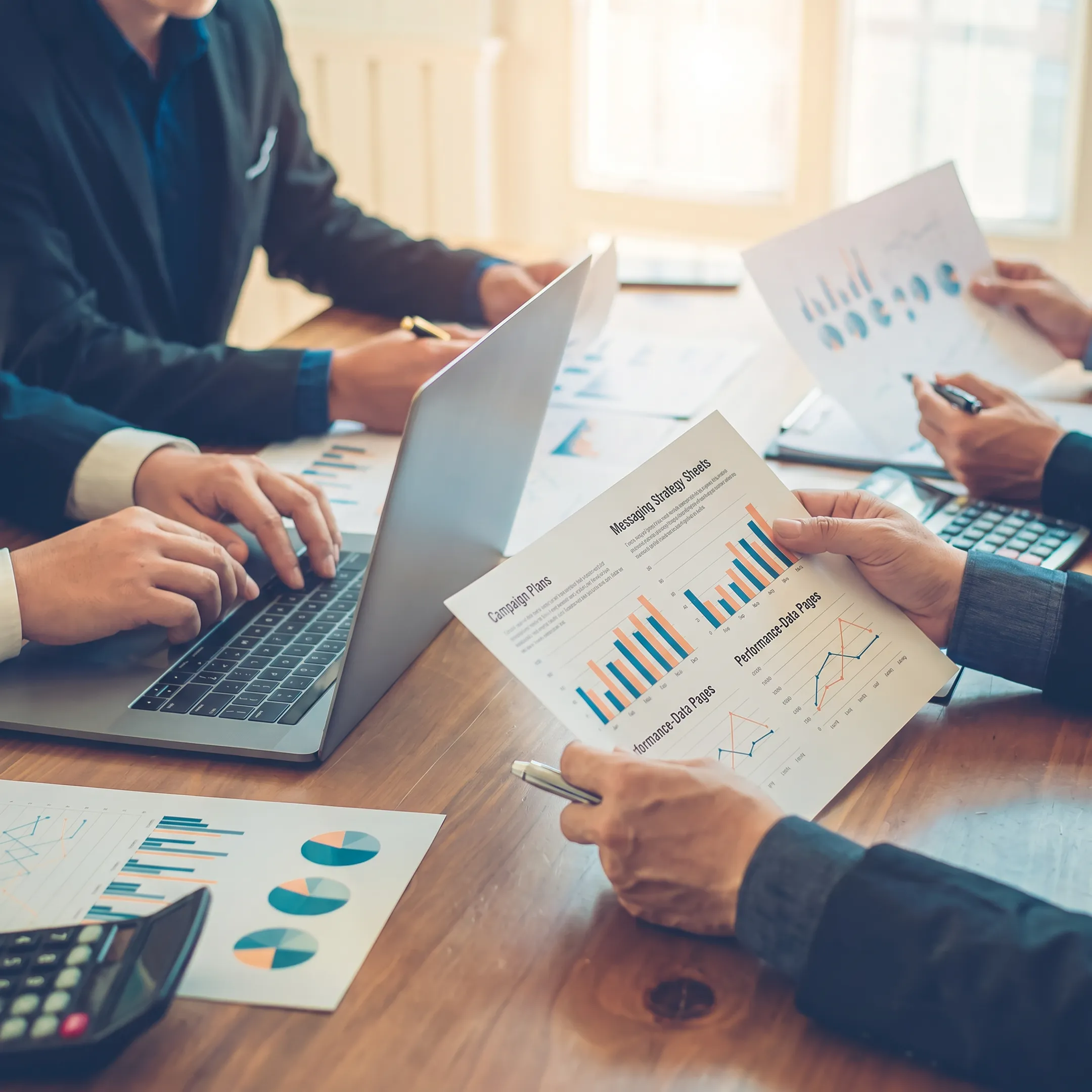 B2B marketing strategists reviewing campaign plans and performance data in a modern office