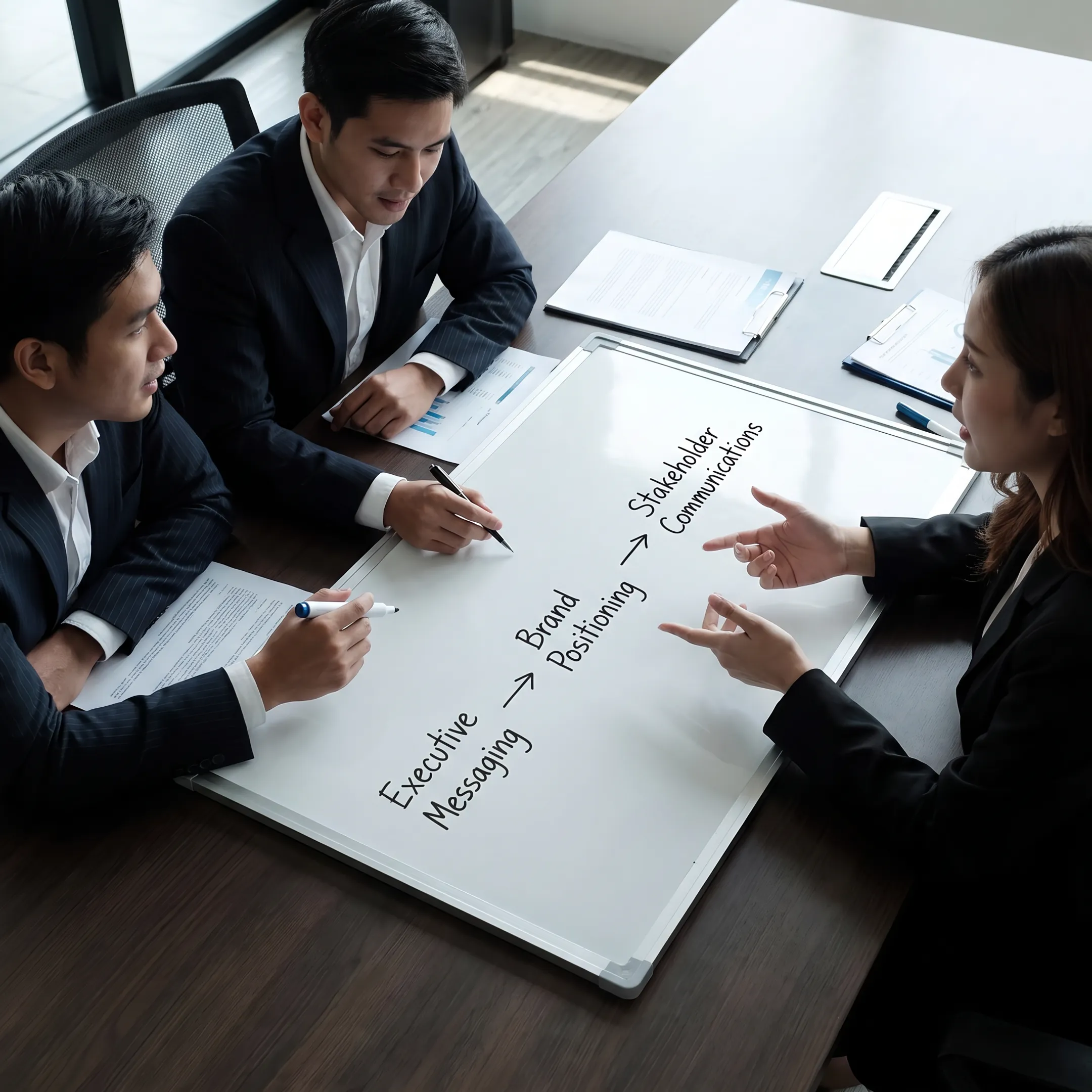 Strategists developing corporate messaging for a technology company