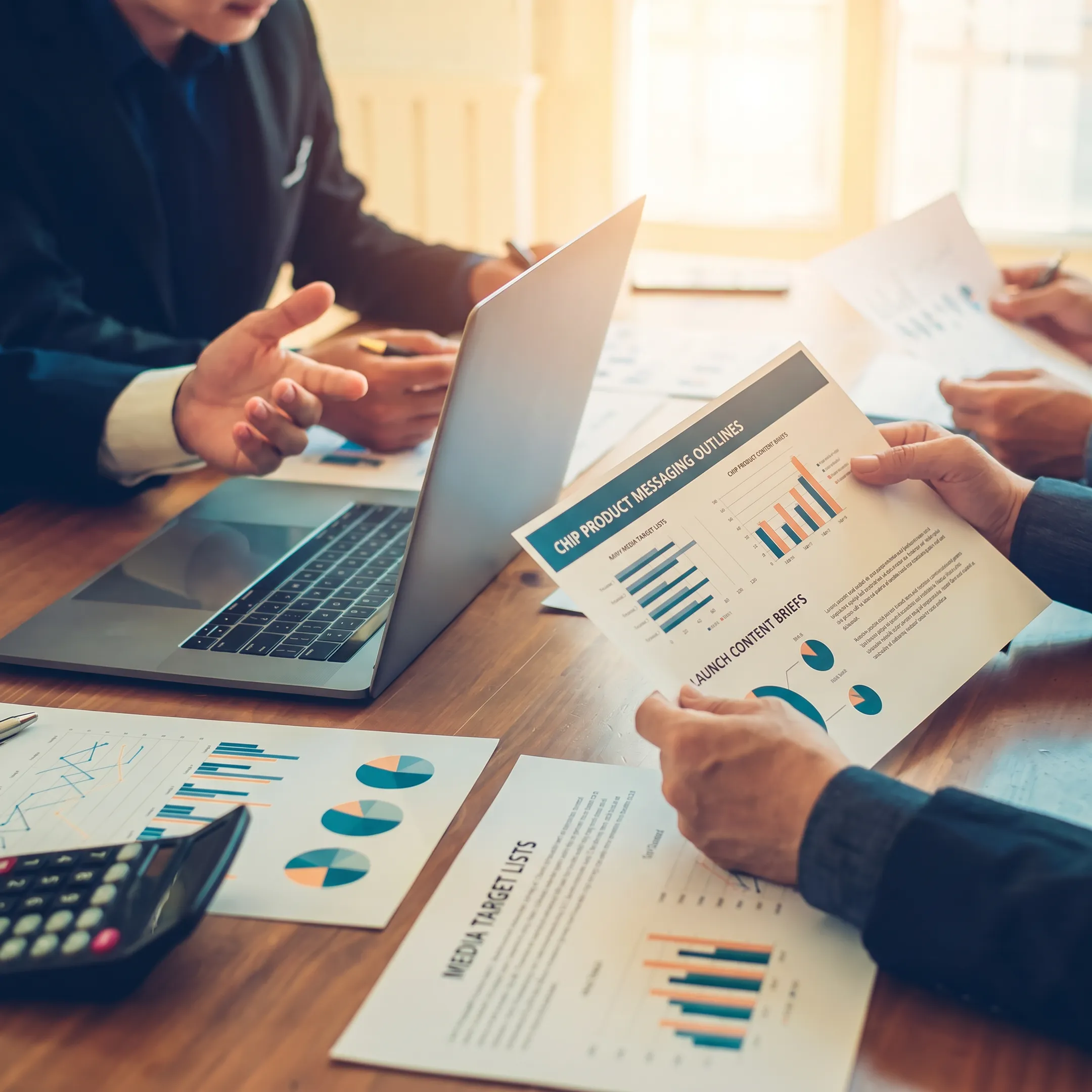 Semiconductor startup team reviewing public relations campaign materials