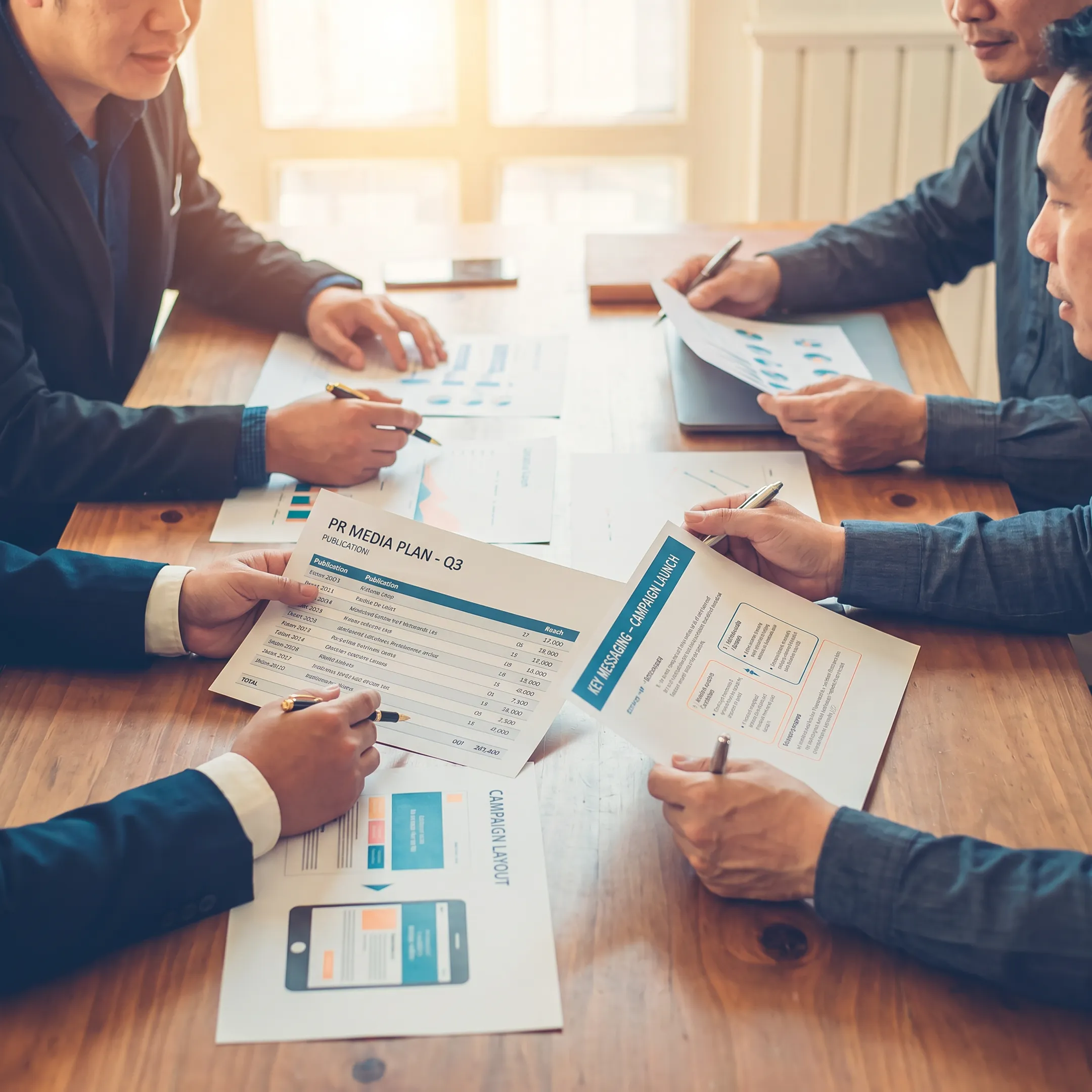PR professionals planning a media outreach strategy around a conference table
