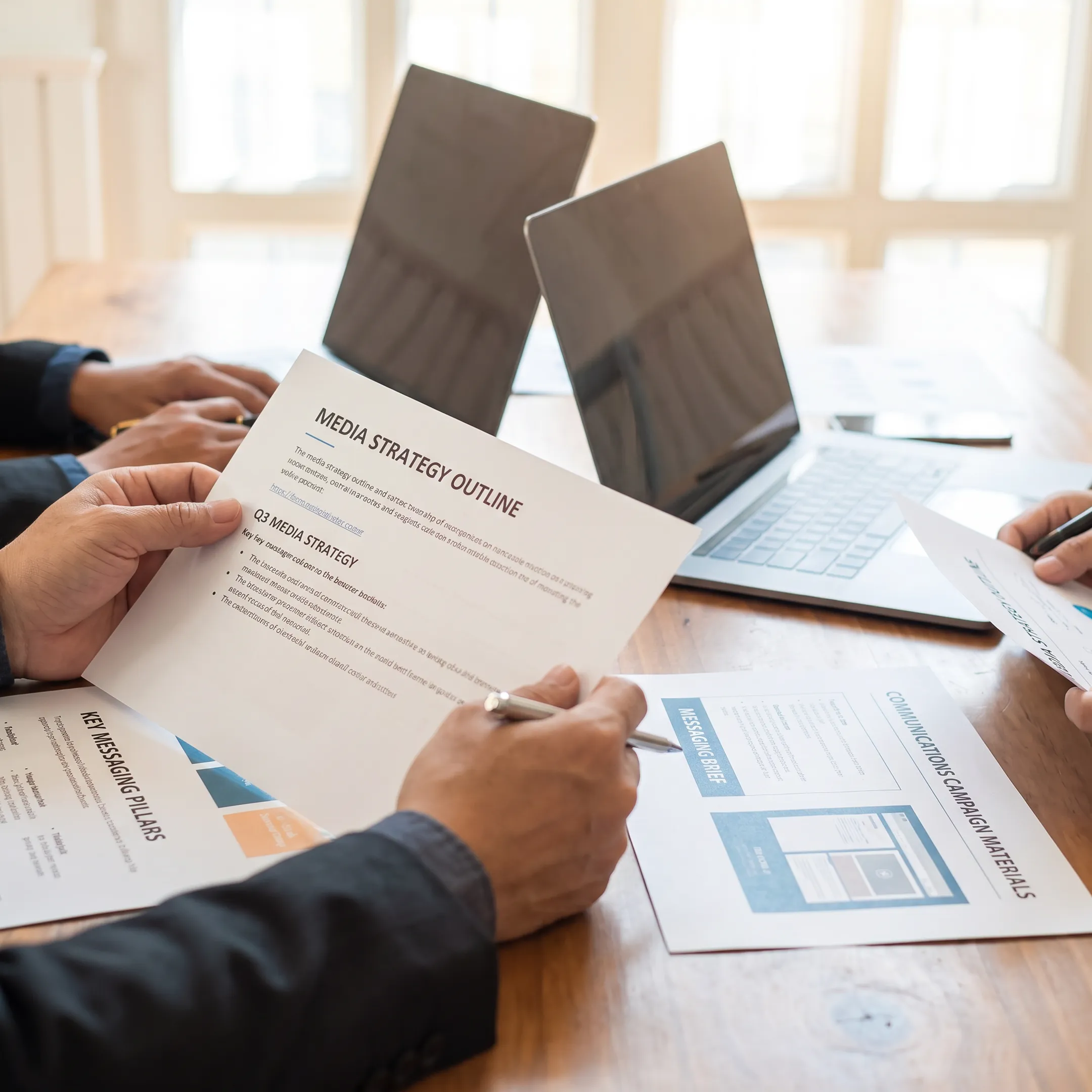 PR professionals discussing media strategy and communications materials in a modern office