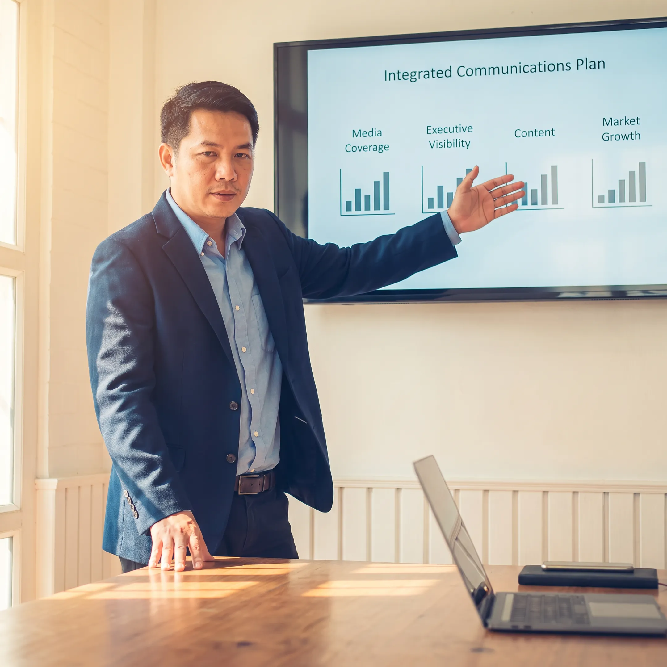 PR strategist presenting an integrated communications plan to business leaders