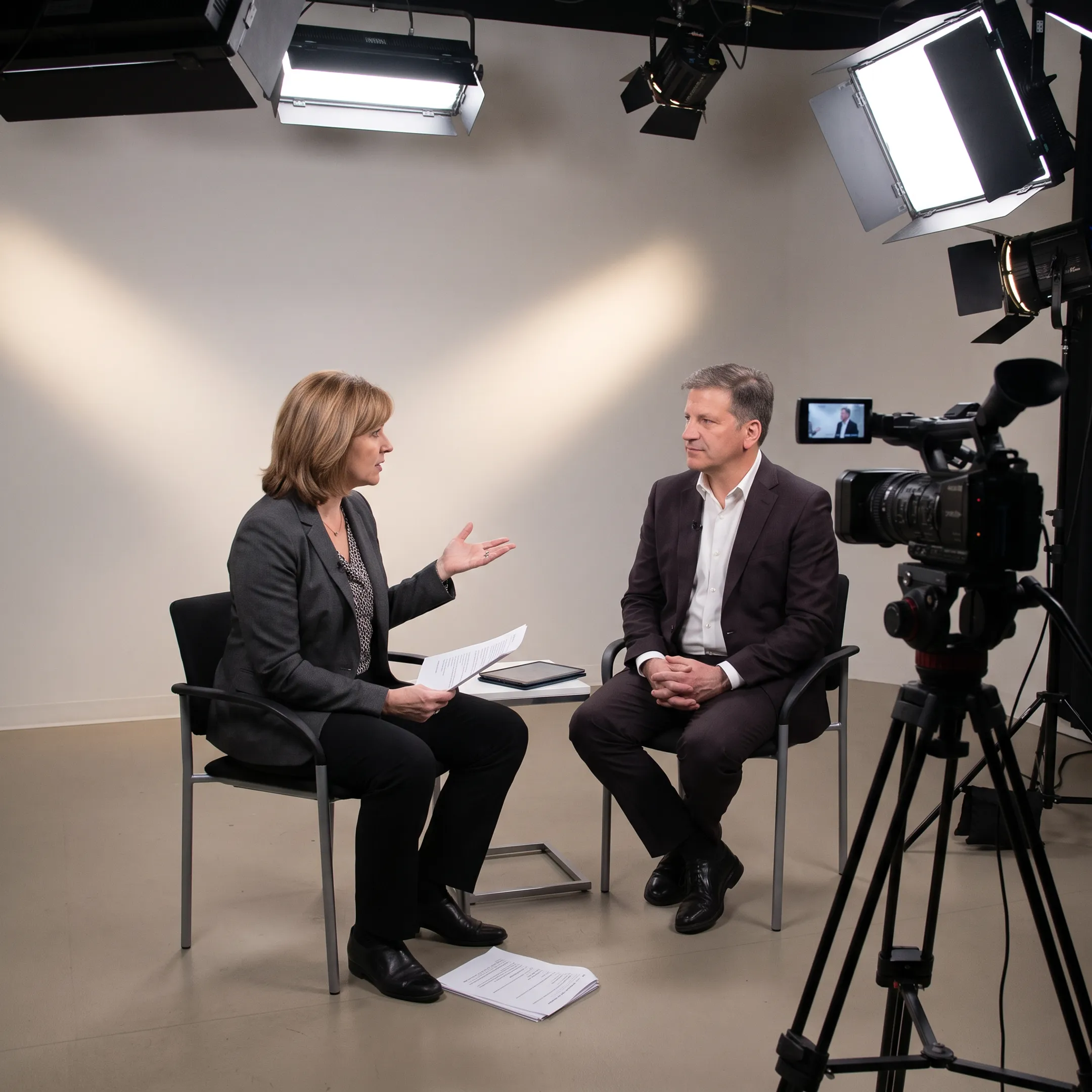 Executive practicing an interview with a communications coach in a professional office