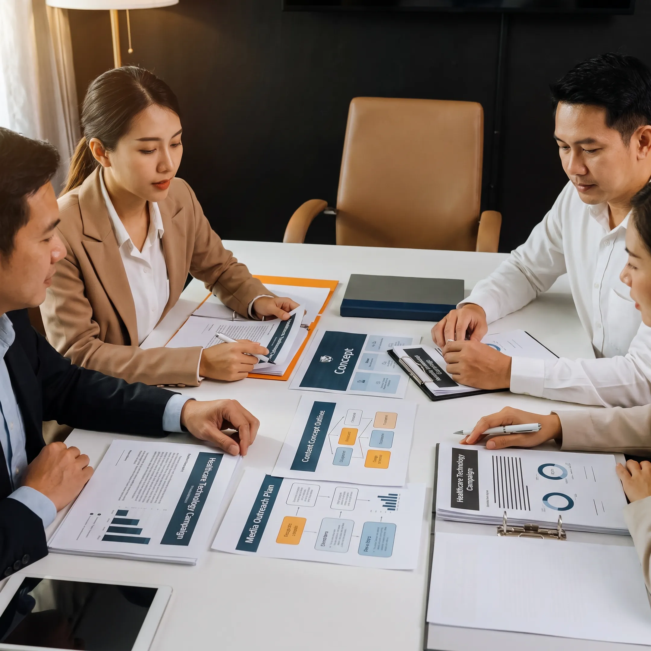 Healthcare technology marketing strategy meeting with campaign materials